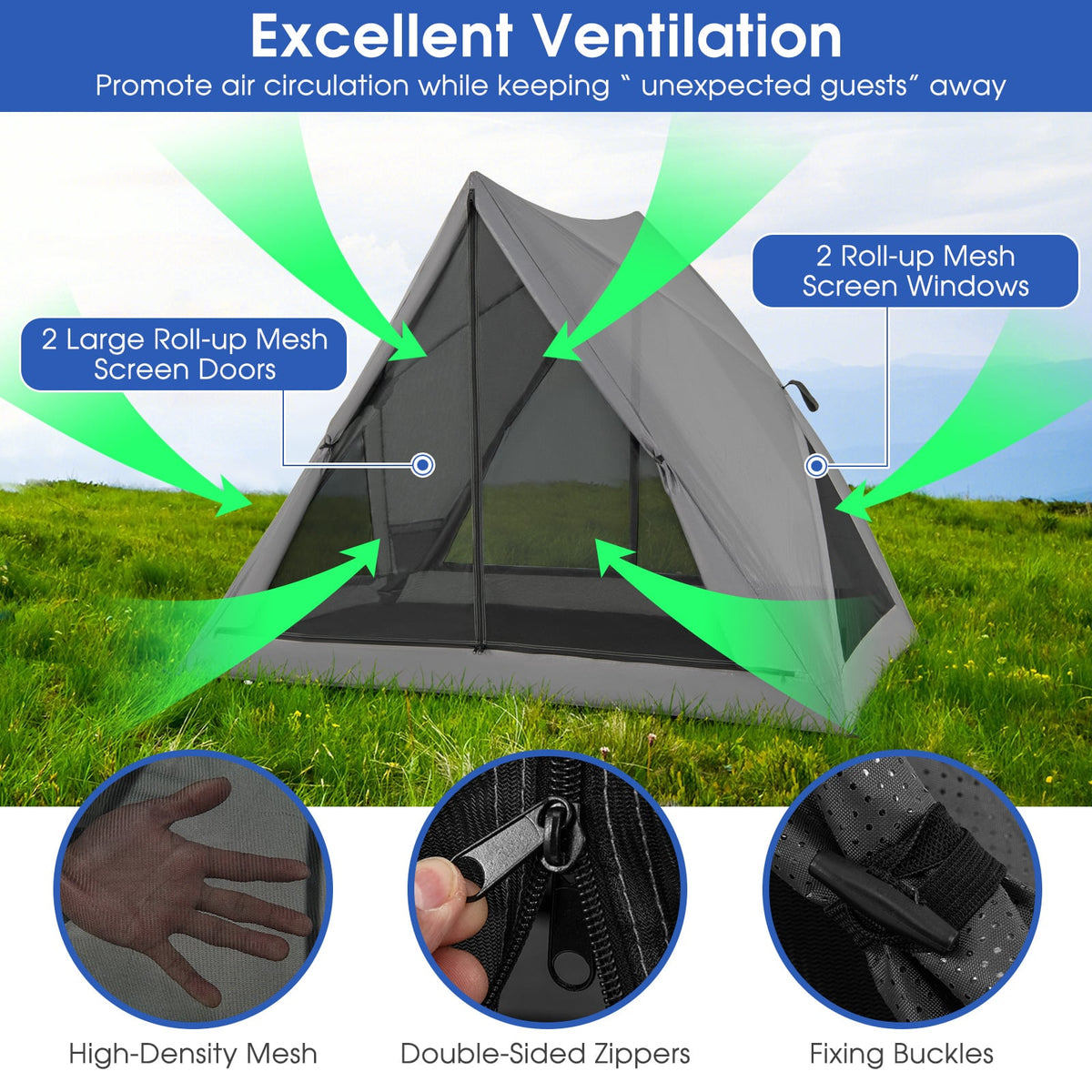 Pop-up Camping Tent for 2-3 People with Carry Bag and Rainfly for Backpacking Hiking Trip-Gray-Tents-DECOROLALA