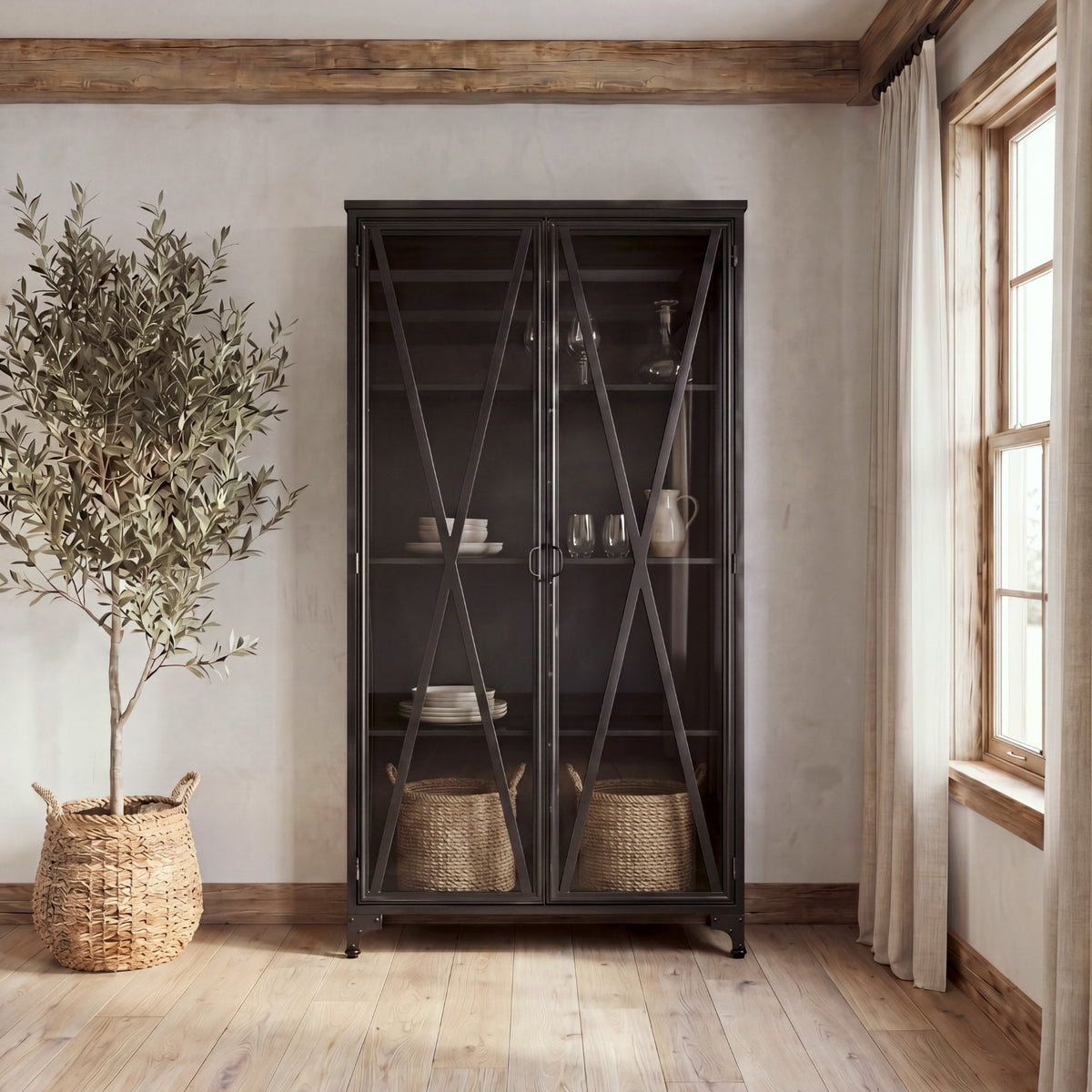 Poppy II 73.8" H Black Metal With Glass Door Display Cabinet-Cabinets-DECOROLALA
