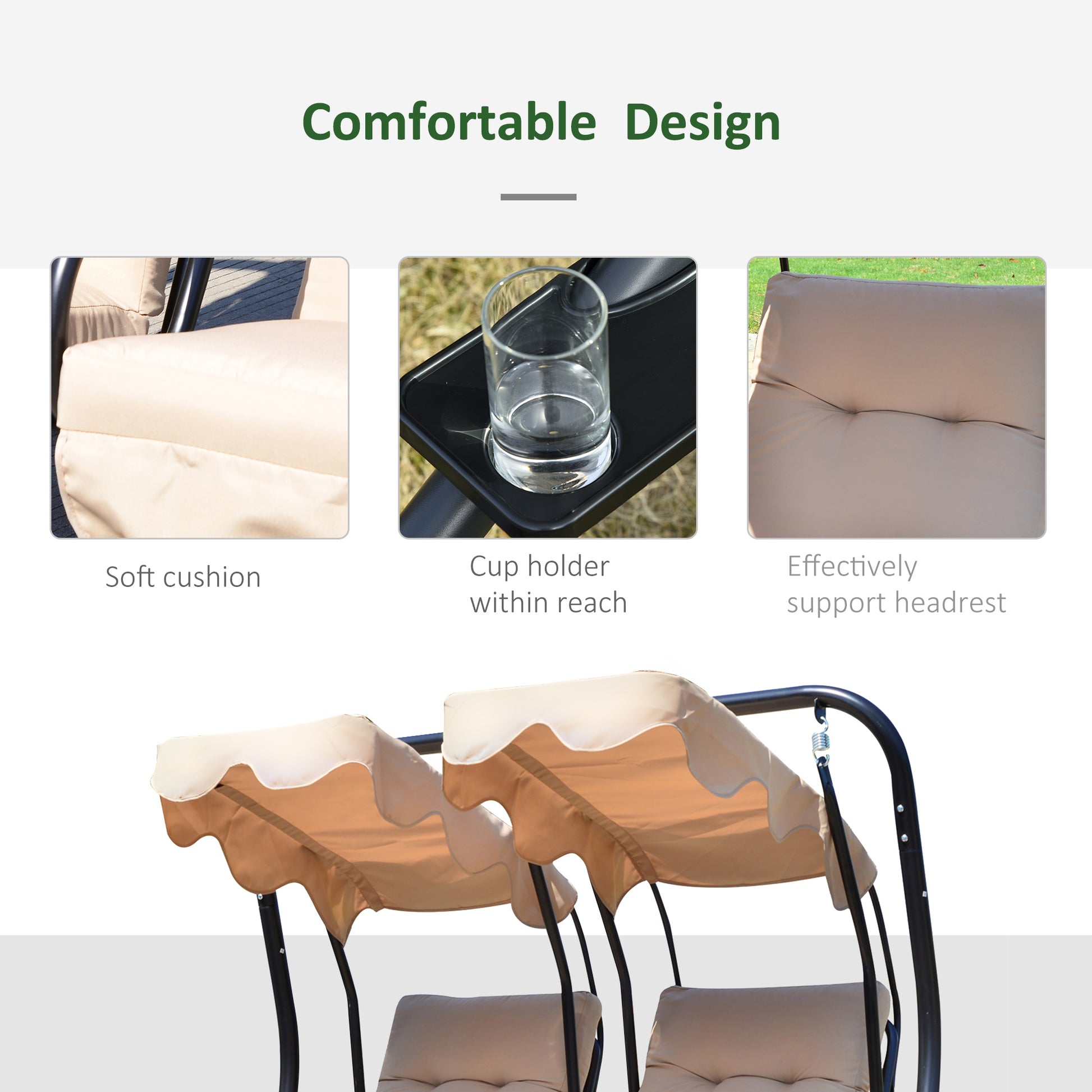 Porch Swing 2-Seater with Canopy & Cushions Beige-DECOROLALA