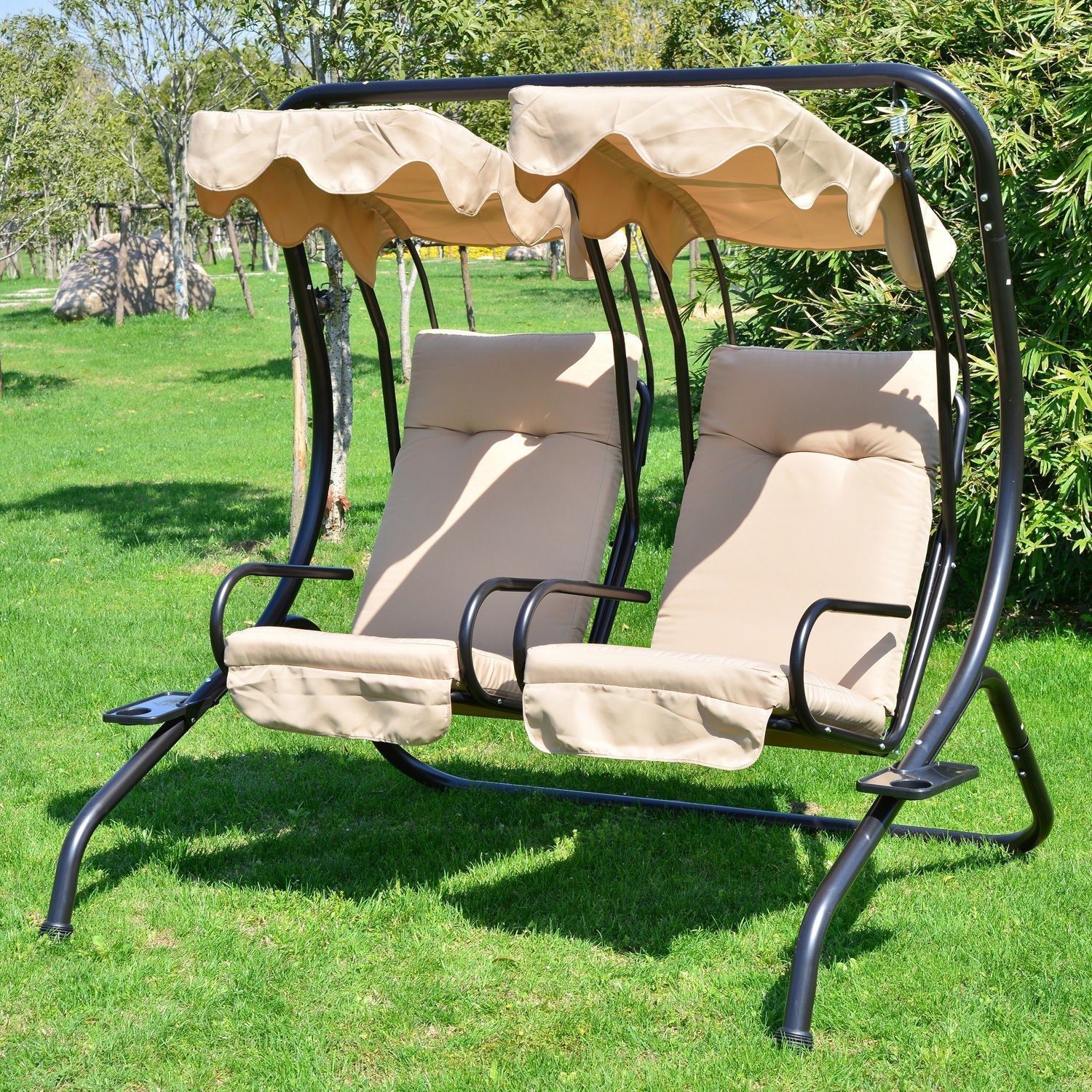 Porch Swing 2-Seater with Canopy & Cushions Beige-DECOROLALA