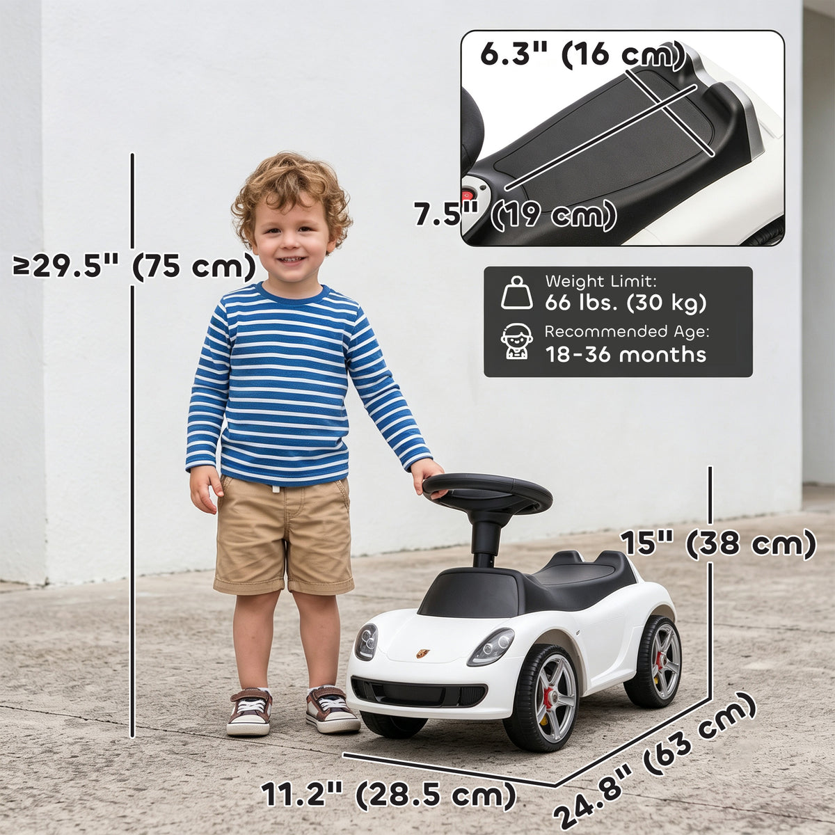 Toddler Push Car with Horn, Lights, Start-Up Sound, Ride on Car with Steering Wheel, Foot Rest, for 18-36 Months, White-Toys & Games > Baby & Toddler Toys > Riding & Rocking Toys > Push Cars for Toddlers-DECOROLALA