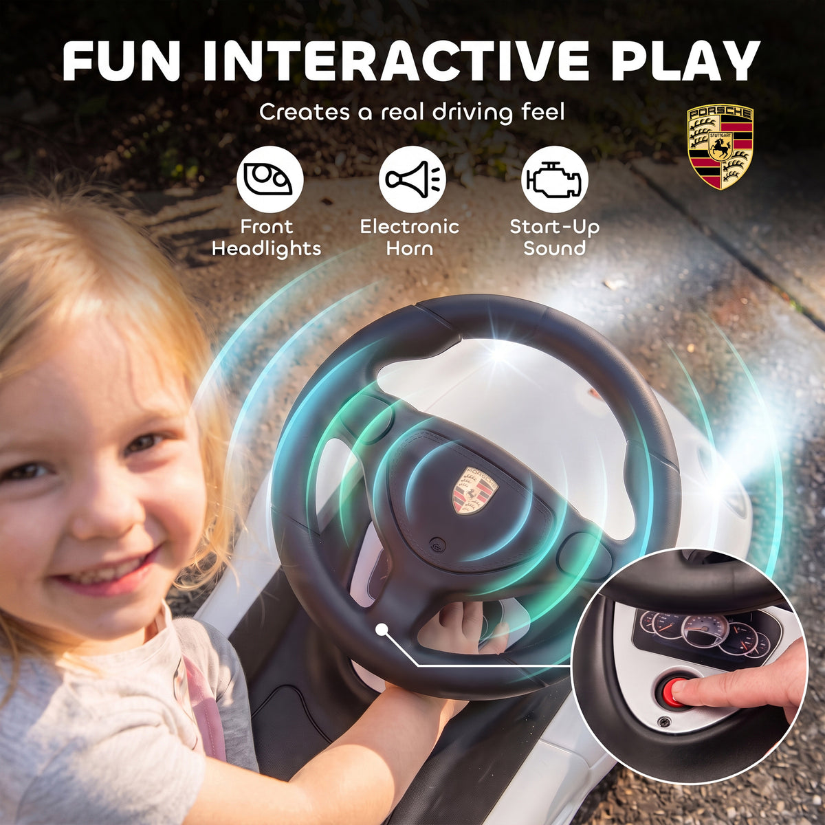 Toddler Push Car with Horn, Lights, Start-Up Sound, Ride on Car with Steering Wheel, Foot Rest, for 18-36 Months, White-Toys & Games > Baby & Toddler Toys > Riding & Rocking Toys > Push Cars for Toddlers-DECOROLALA
