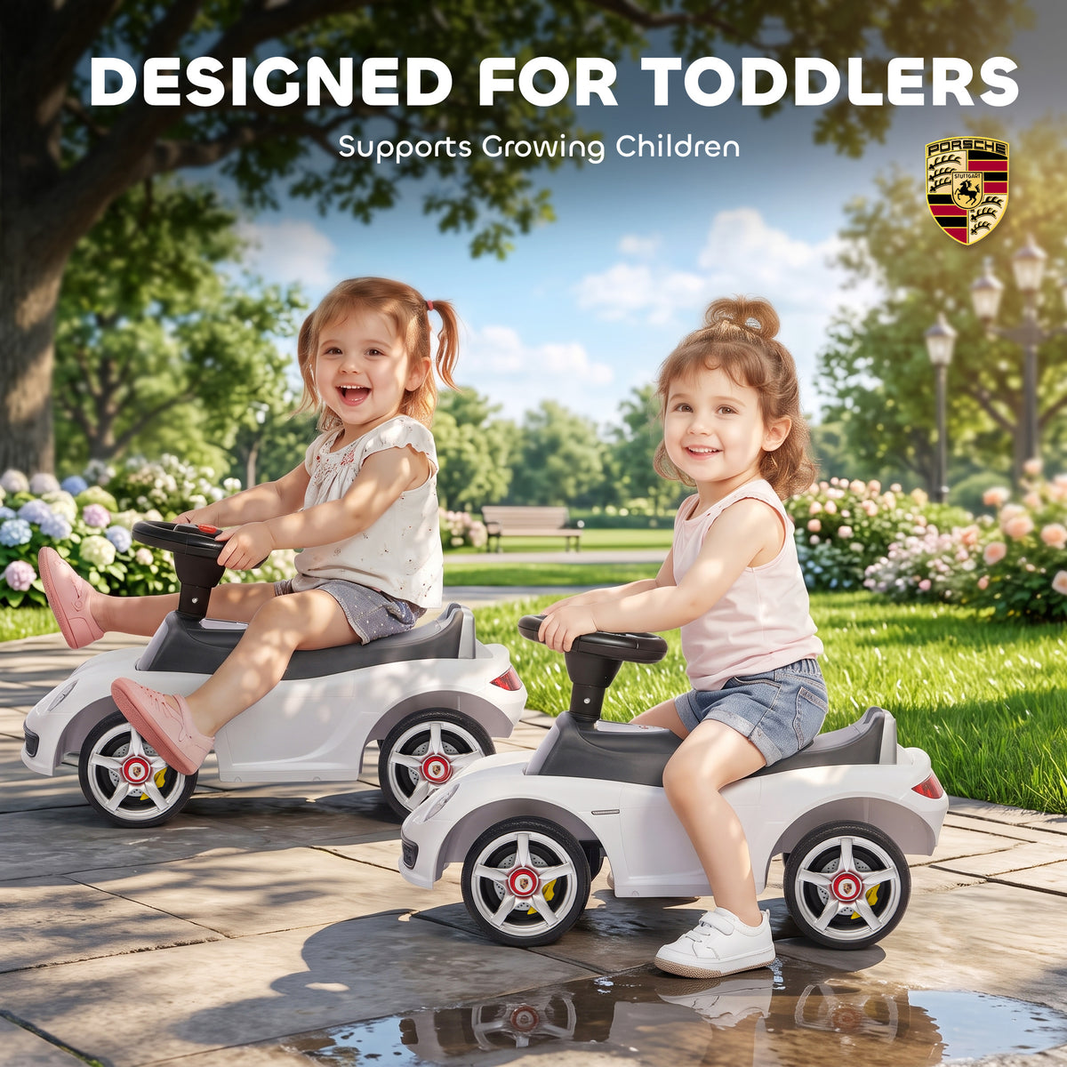 Toddler Push Car with Horn, Lights, Start-Up Sound, Ride on Car with Steering Wheel, Foot Rest, for 18-36 Months, White-Toys & Games > Baby & Toddler Toys > Riding & Rocking Toys > Push Cars for Toddlers-DECOROLALA