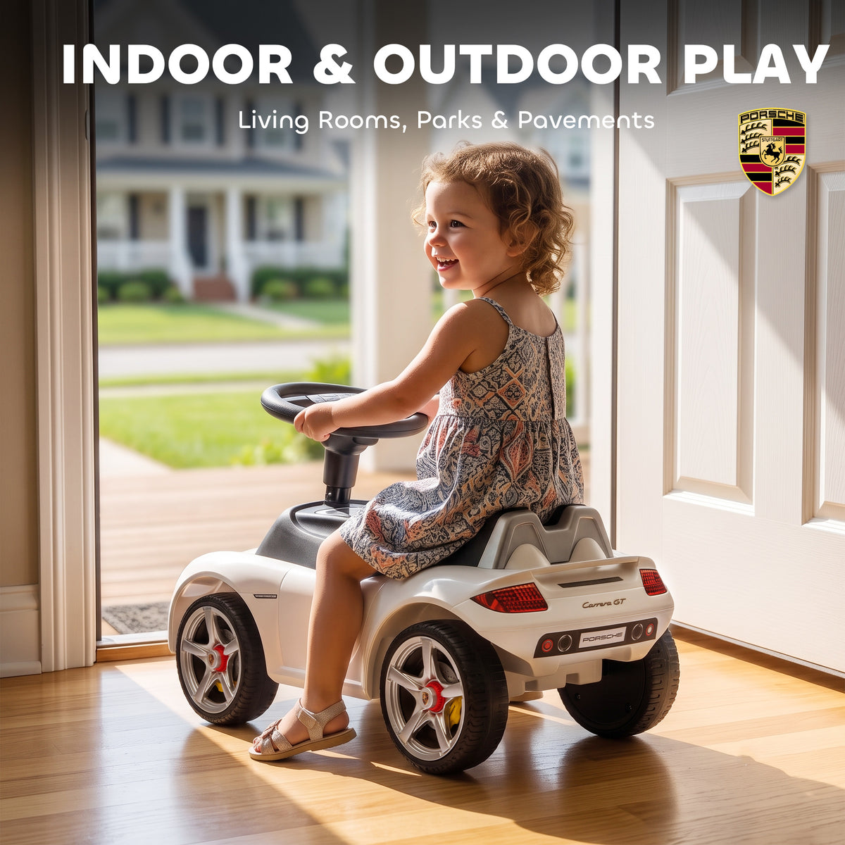 Toddler Push Car with Horn, Lights, Start-Up Sound, Ride on Car with Steering Wheel, Foot Rest, for 18-36 Months, White-Toys & Games > Baby & Toddler Toys > Riding & Rocking Toys > Push Cars for Toddlers-DECOROLALA