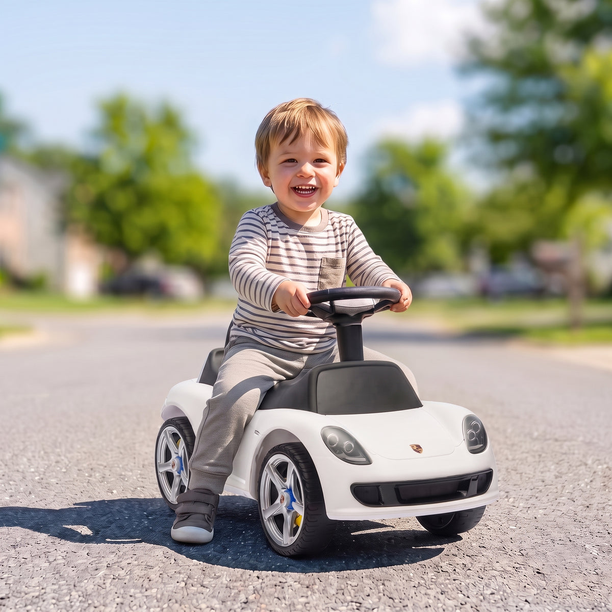 Toddler Push Car with Horn, Lights, Start-Up Sound, Ride on Car with Steering Wheel, Foot Rest, for 18-36 Months, White-Toys & Games > Baby & Toddler Toys > Riding & Rocking Toys > Push Cars for Toddlers-DECOROLALA