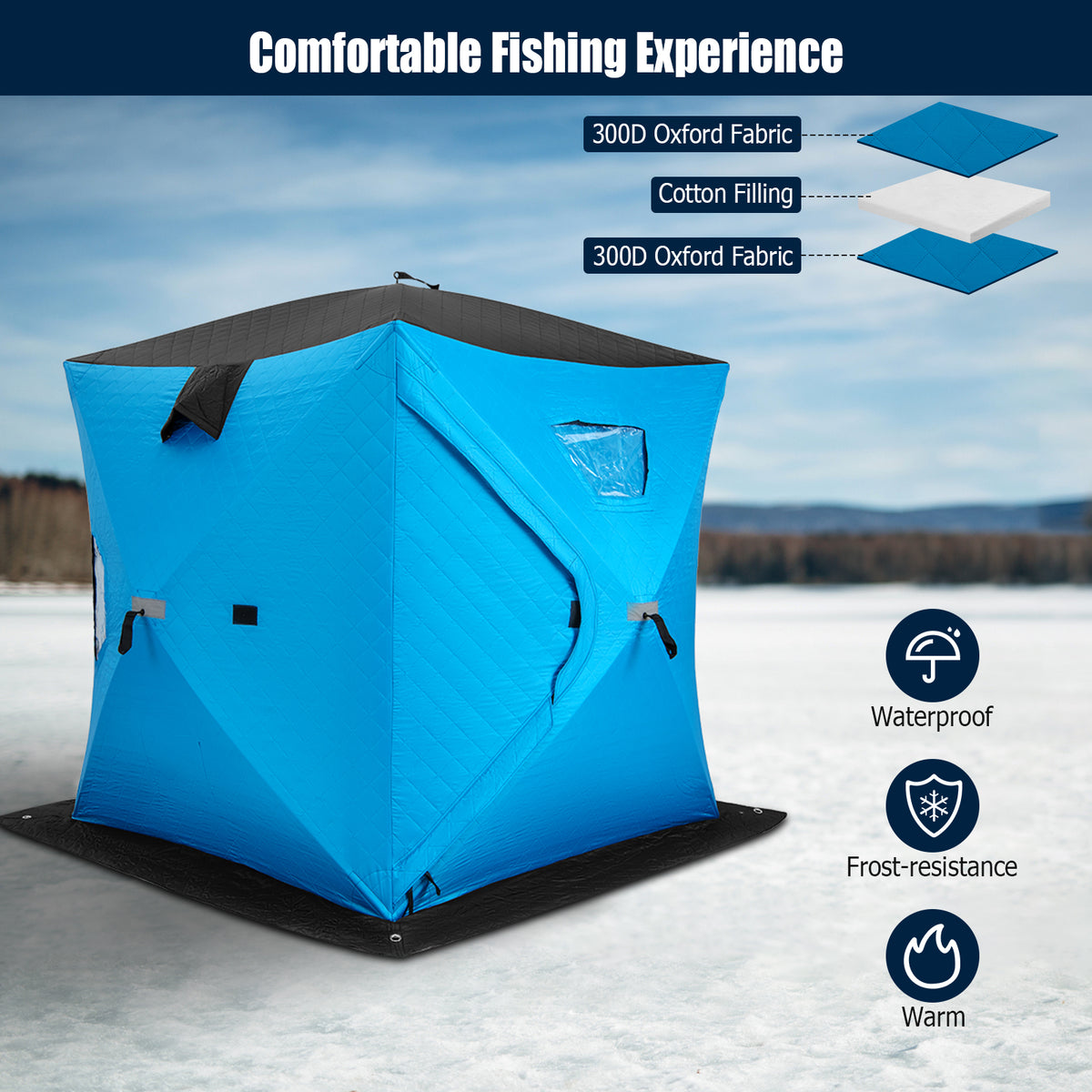 Portable 2 Person Ice Shanty with Cotton Padded Walls-Blue-Tents-DECOROLALA