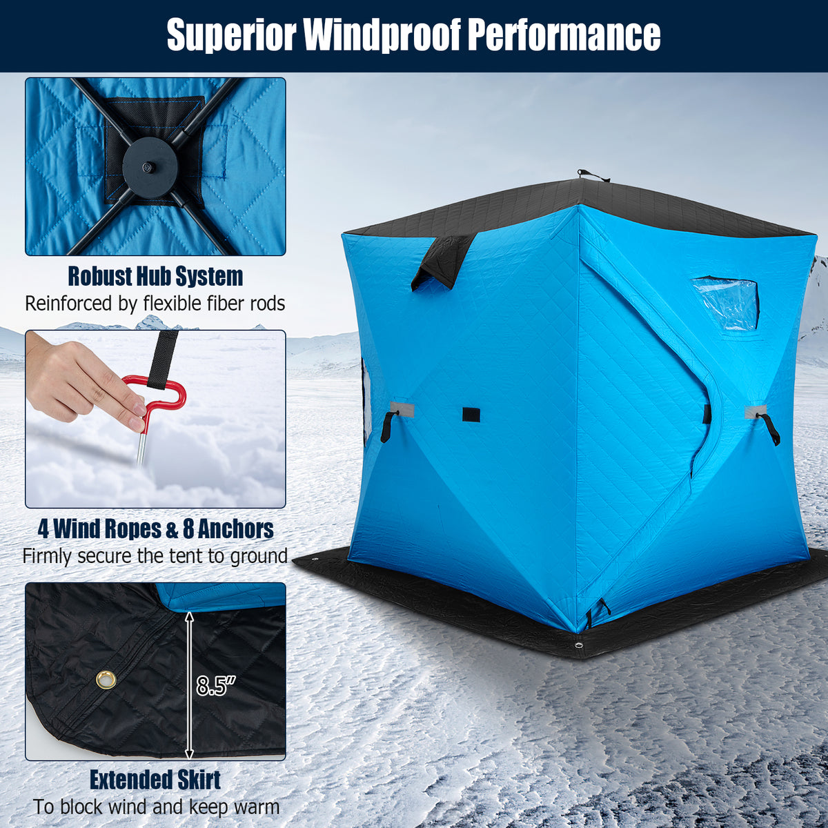 Portable 2 Person Ice Shanty with Cotton Padded Walls-Blue-Tents-DECOROLALA