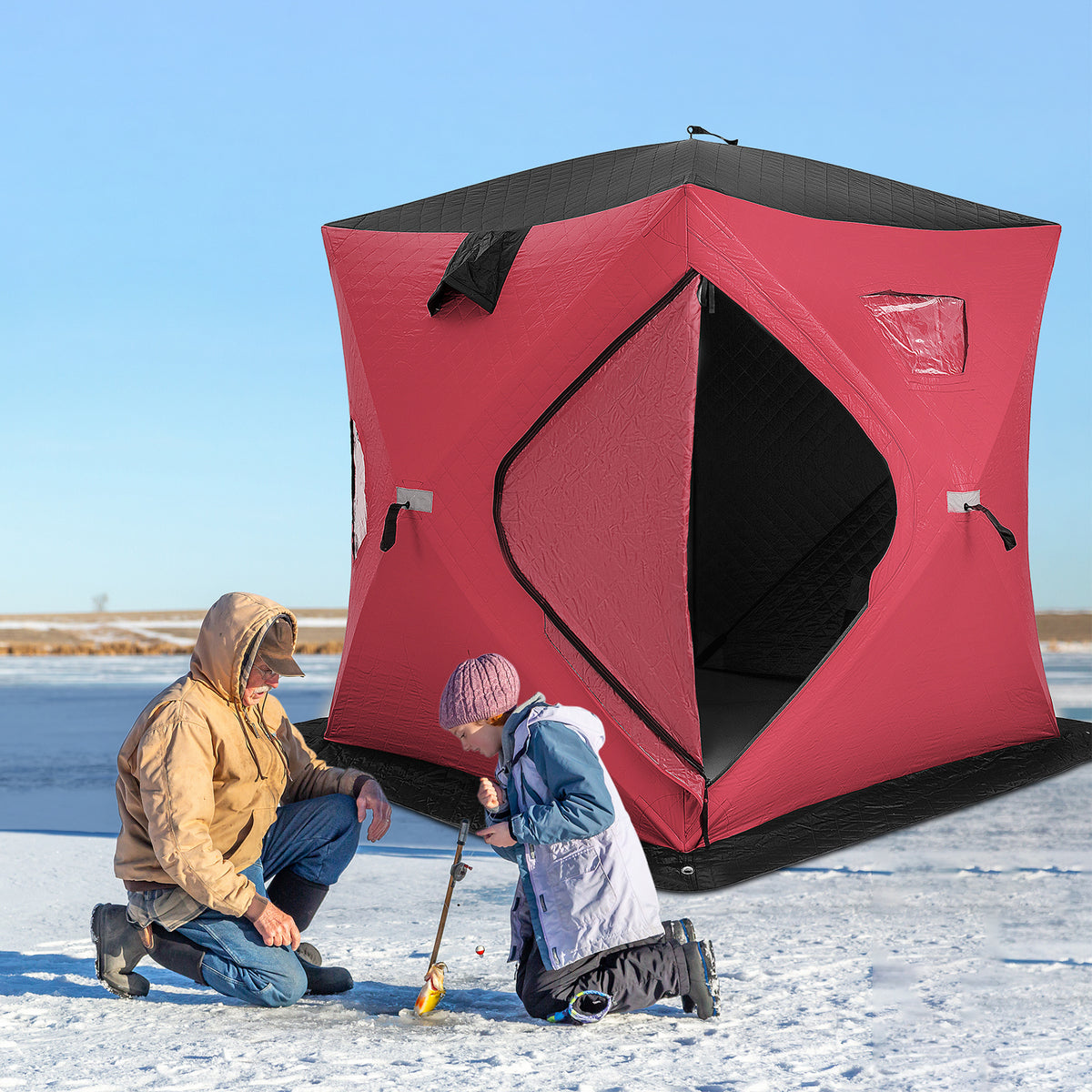 Portable 2 Person Ice Shanty with Cotton Padded Walls-Red-Tents-DECOROLALA