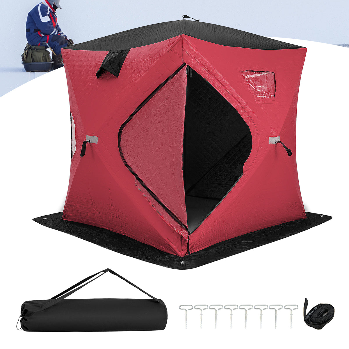 Portable 2 Person Ice Shanty with Cotton Padded Walls-Red-Tents-DECOROLALA