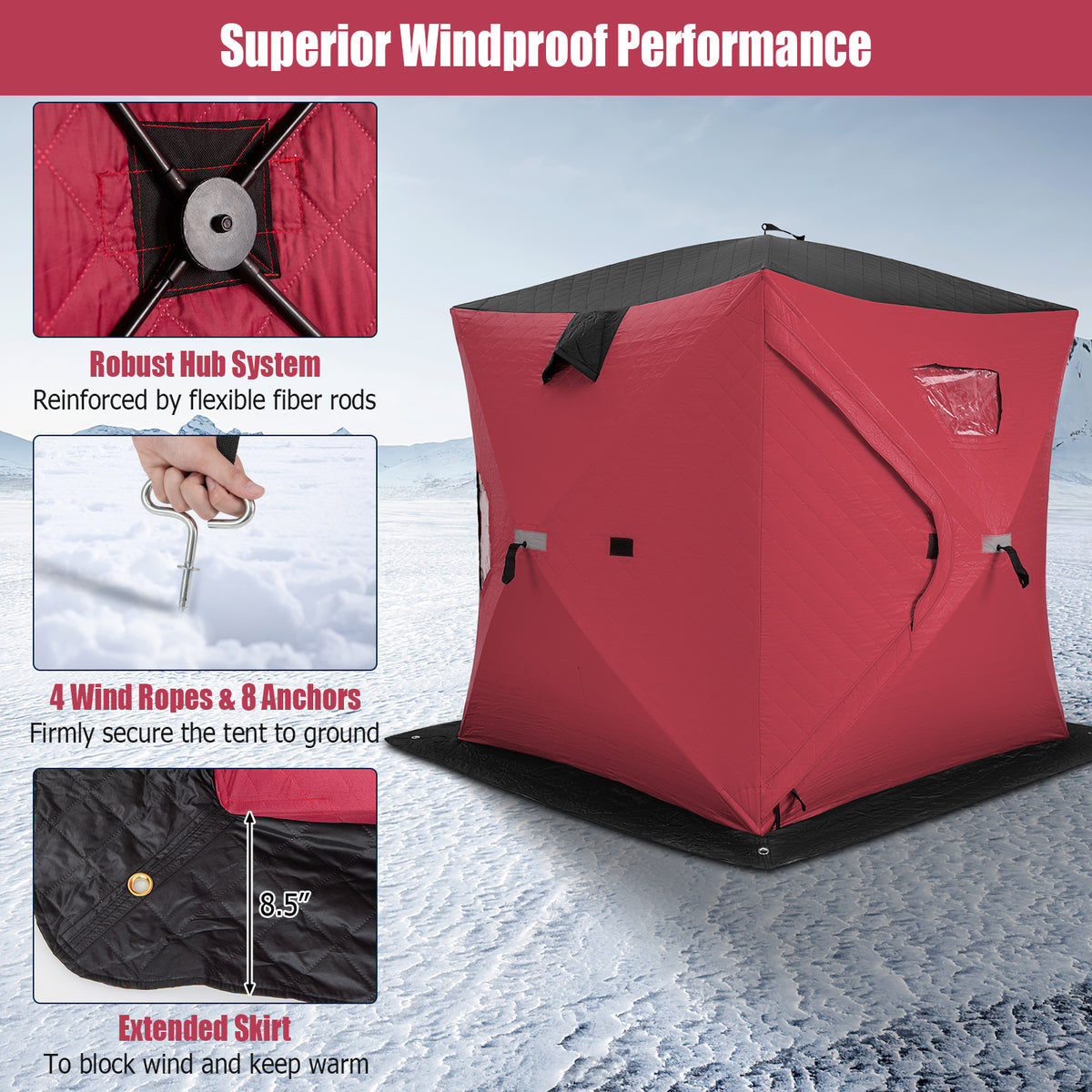 Portable 2 Person Ice Shanty with Cotton Padded Walls-Red-Tents-DECOROLALA