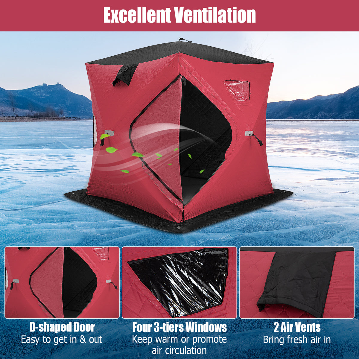 Portable 2 Person Ice Shanty with Cotton Padded Walls-Red-Tents-DECOROLALA