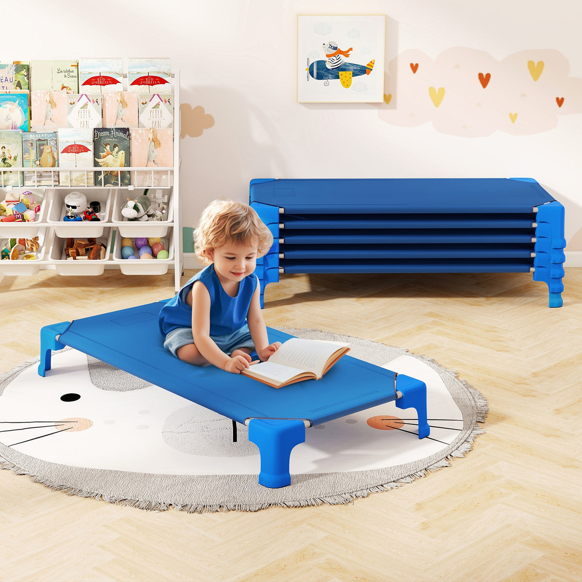 Portable 6 Pack Stackable Daycare Cots Sleeping Bed for Kids 53 Inch-Blue-Toddler Beds-DECOROLALA