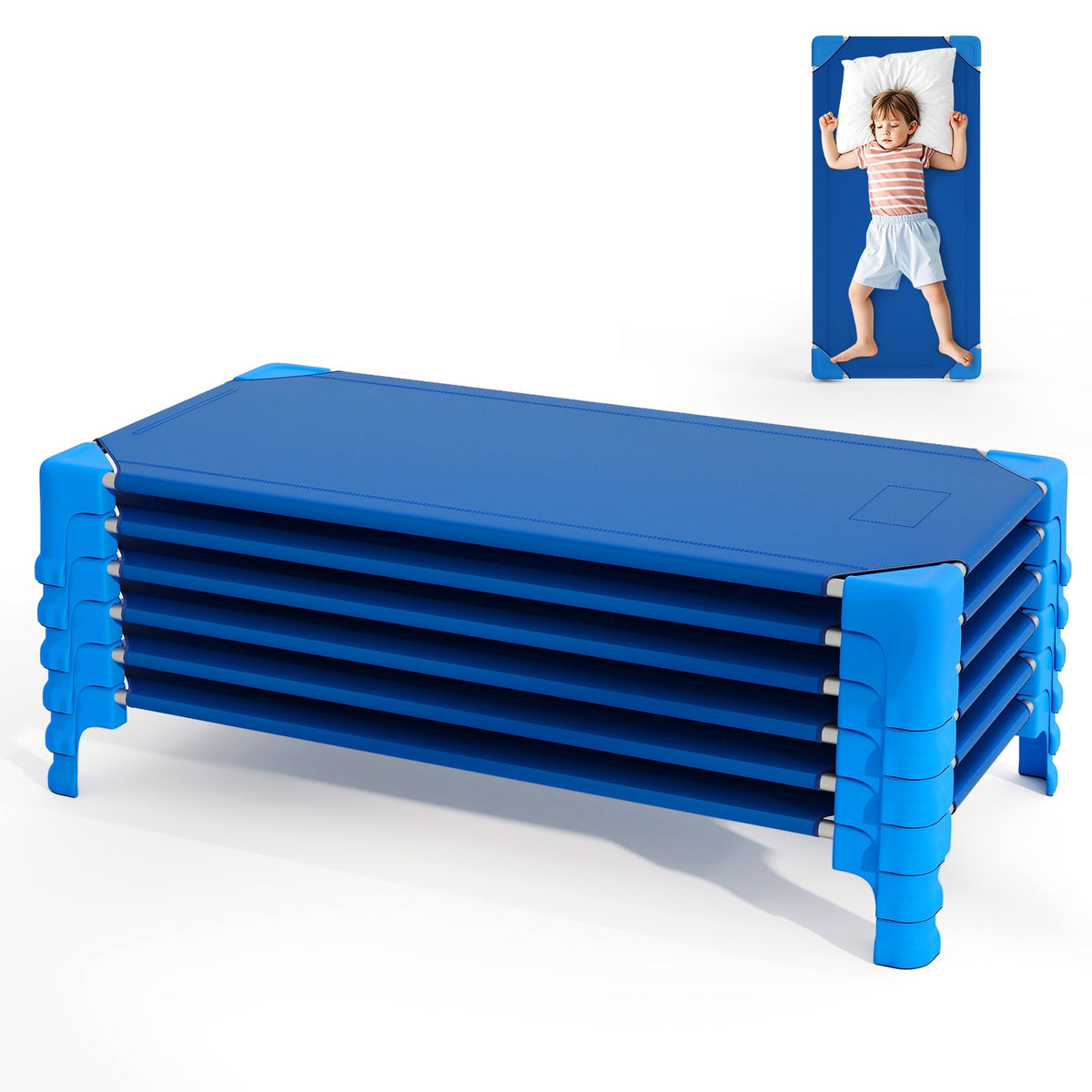 Portable 6 Pack Stackable Daycare Cots Sleeping Bed for Kids 53 Inch-Blue-Toddler Beds-DECOROLALA