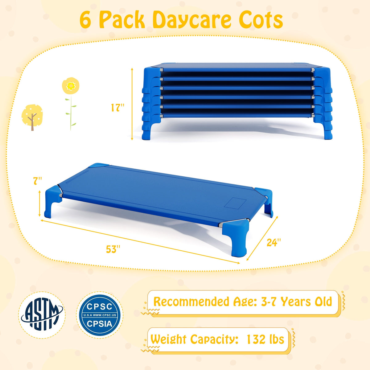 Portable 6 Pack Stackable Daycare Cots Sleeping Bed for Kids 53 Inch-Blue-Toddler Beds-DECOROLALA