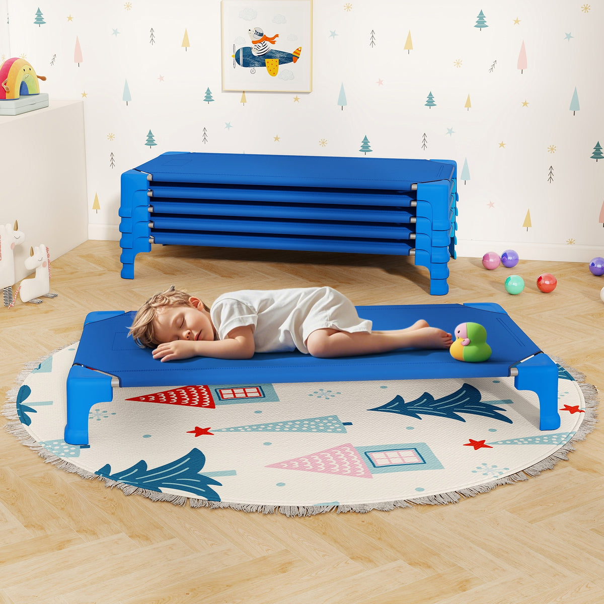 Portable 6 Pack Stackable Daycare Cots Sleeping Bed for Kids 53 Inch-Blue-Toddler Beds-DECOROLALA
