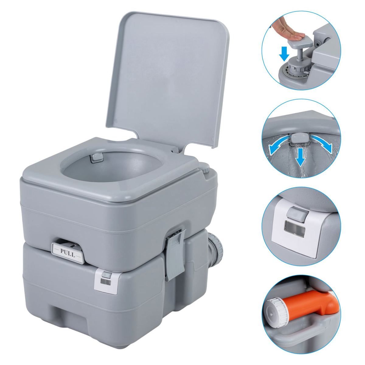 Portable Camping Toilet Porta Potty with Level Indicator and 22 L Detachable Waste Tank-Gray-Portable Toilets & Showers-DECOROLALA