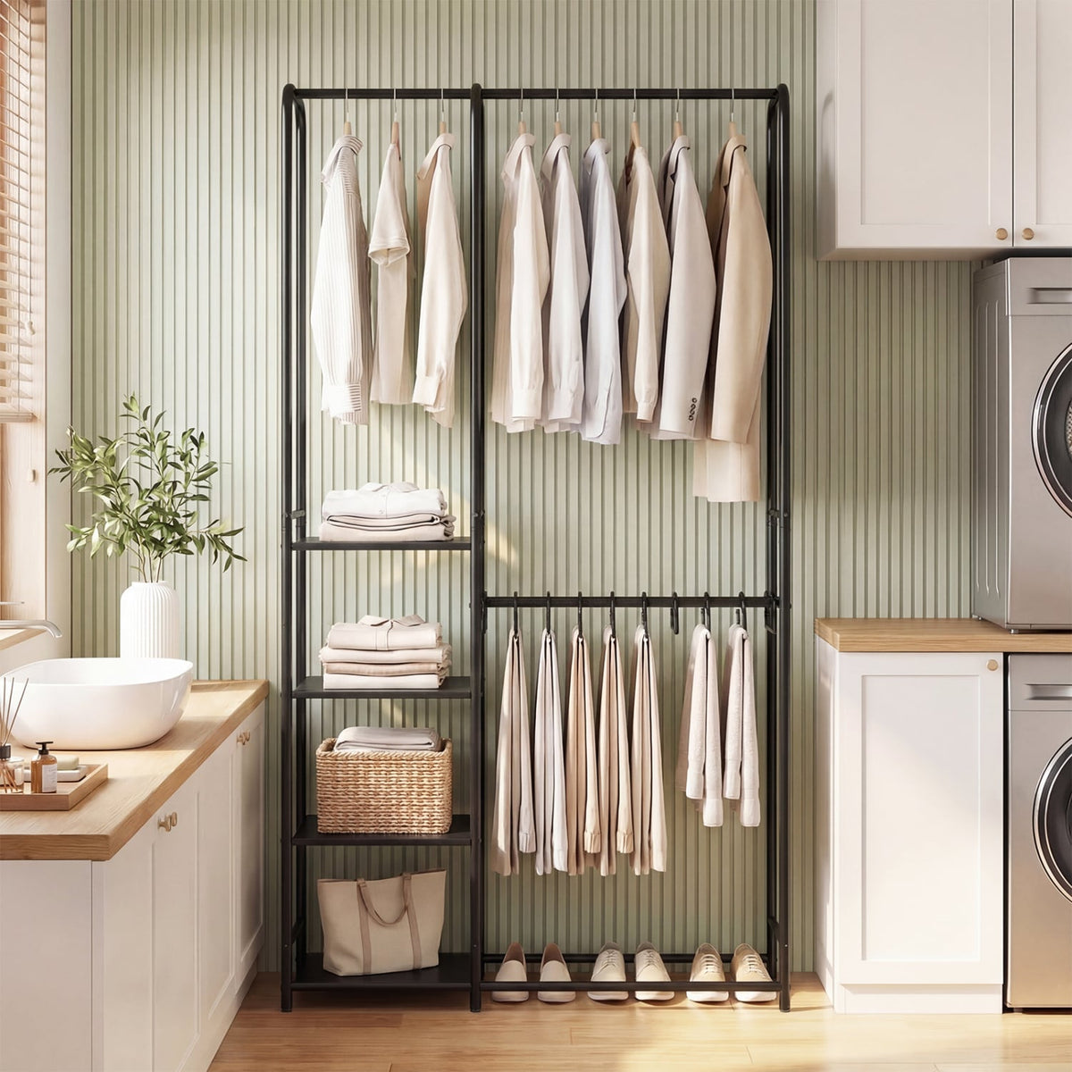 Portable Closet with Pants Hangers and 2 Hanging Rods and 4 Storage Shelves-Black-Clothing & Closet Storage-DECOROLALA