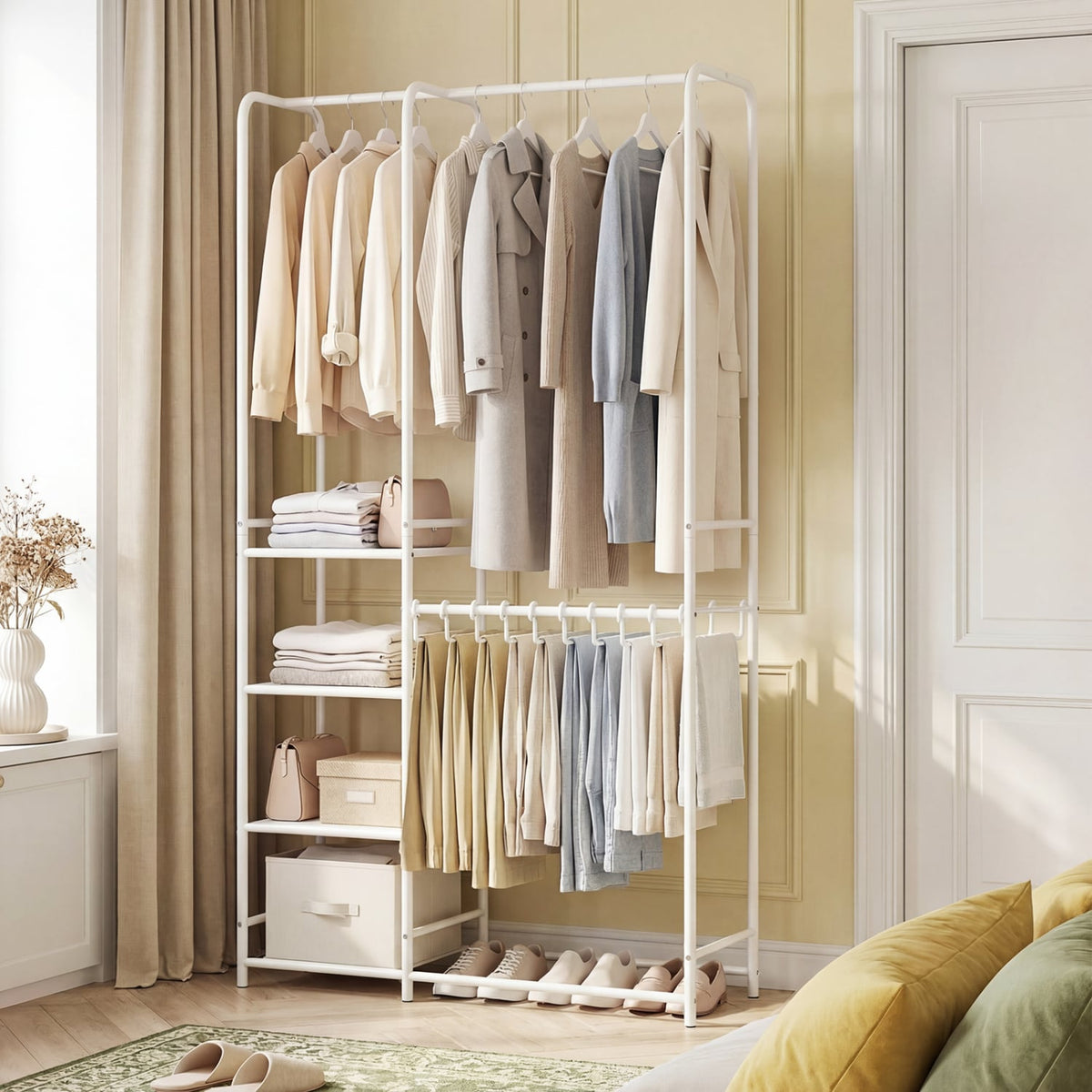 Portable Closet with Pants Hangers and 2 Hanging Rods and 4 Storage Shelves-White-Clothing & Closet Storage-DECOROLALA