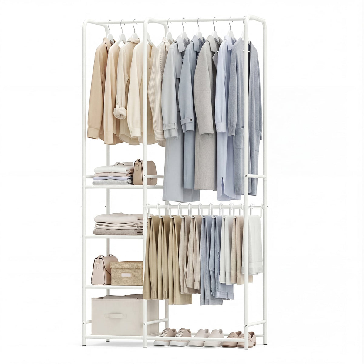 Portable Closet with Pants Hangers and 2 Hanging Rods and 4 Storage Shelves-White-Clothing & Closet Storage-DECOROLALA