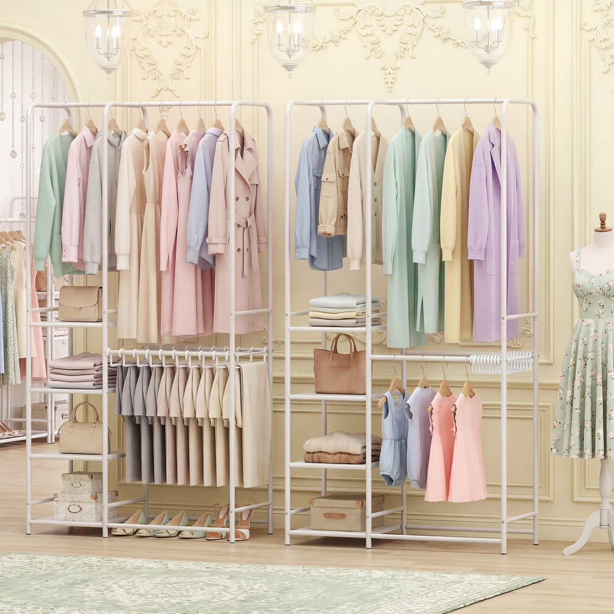Portable Closet with Pants Hangers and 2 Hanging Rods and 4 Storage Shelves-White-Clothing & Closet Storage-DECOROLALA