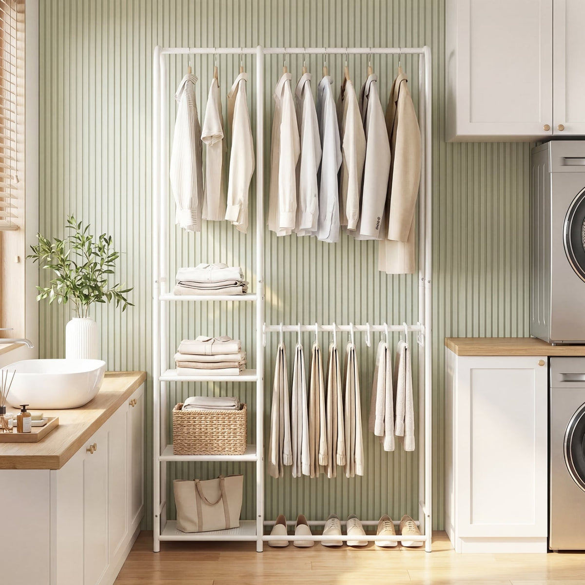 Portable Closet with Pants Hangers and 2 Hanging Rods and 4 Storage Shelves-White-Clothing & Closet Storage-DECOROLALA