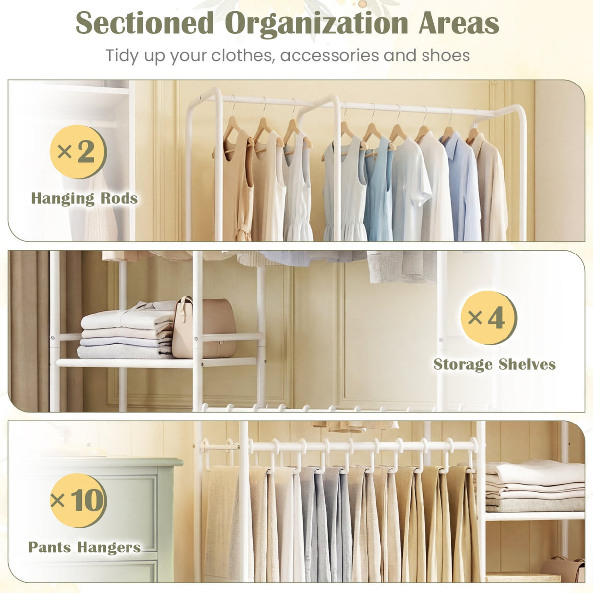 Portable Closet with Pants Hangers and 2 Hanging Rods and 4 Storage Shelves-White-Clothing & Closet Storage-DECOROLALA