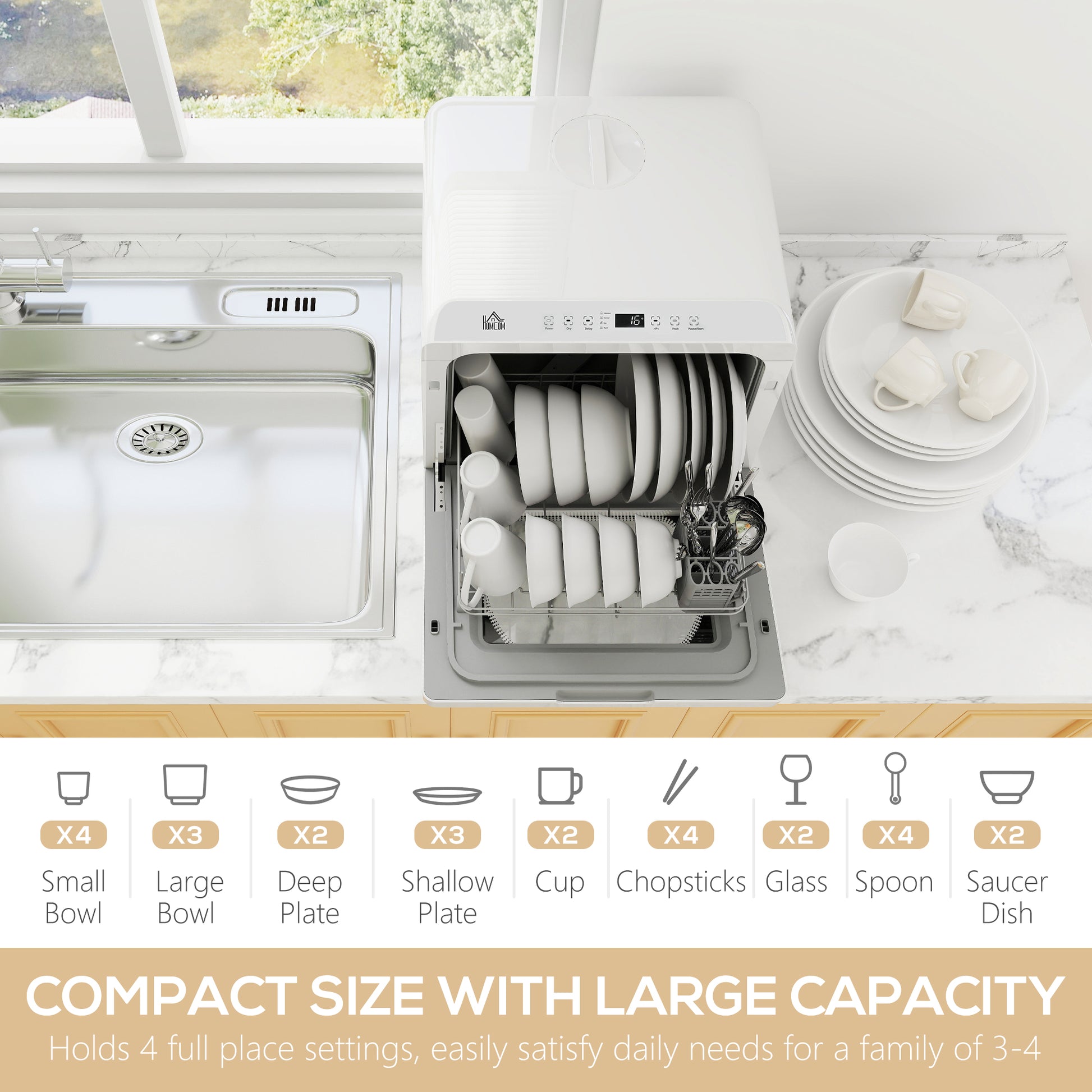 Portable Countertop Dishwasher - 4 Place Settings White-DECOROLALA