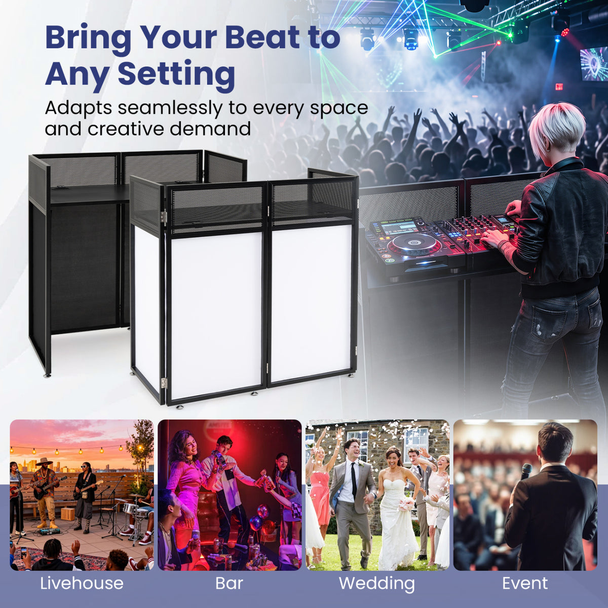 Portable DJ Booth with Scrims and Adjustable Feet - Black-Musical Instruments-DECOROLALA