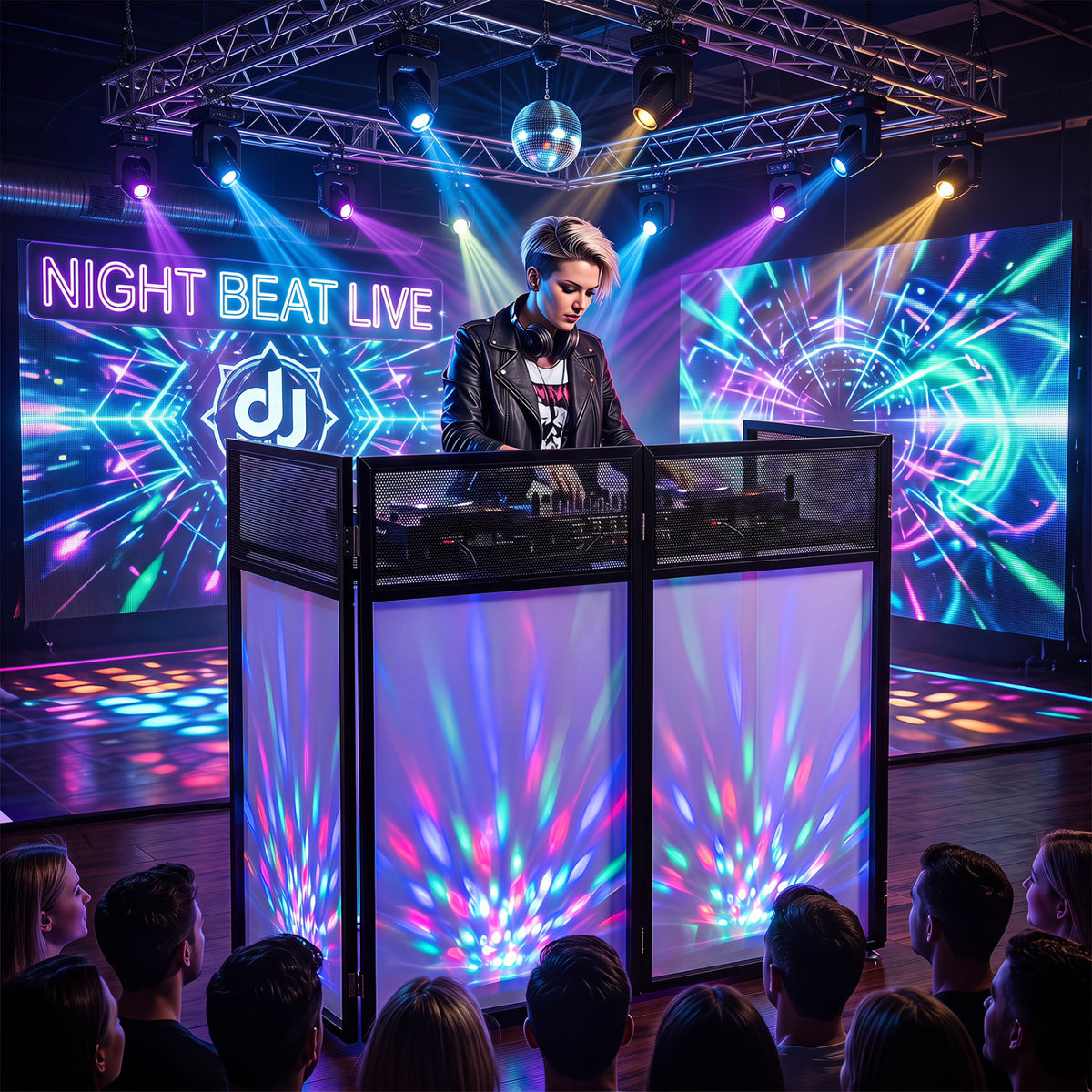 Portable DJ Booth with Scrims and Adjustable Feet - Black-Musical Instruments-DECOROLALA