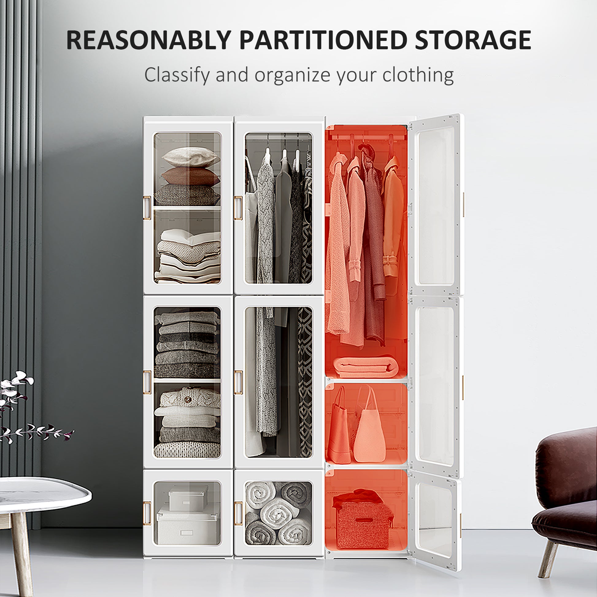 Portable Foldable Closet - 8 Cubes & 2 Hanging Rods, White 41"W-DECOROLALA