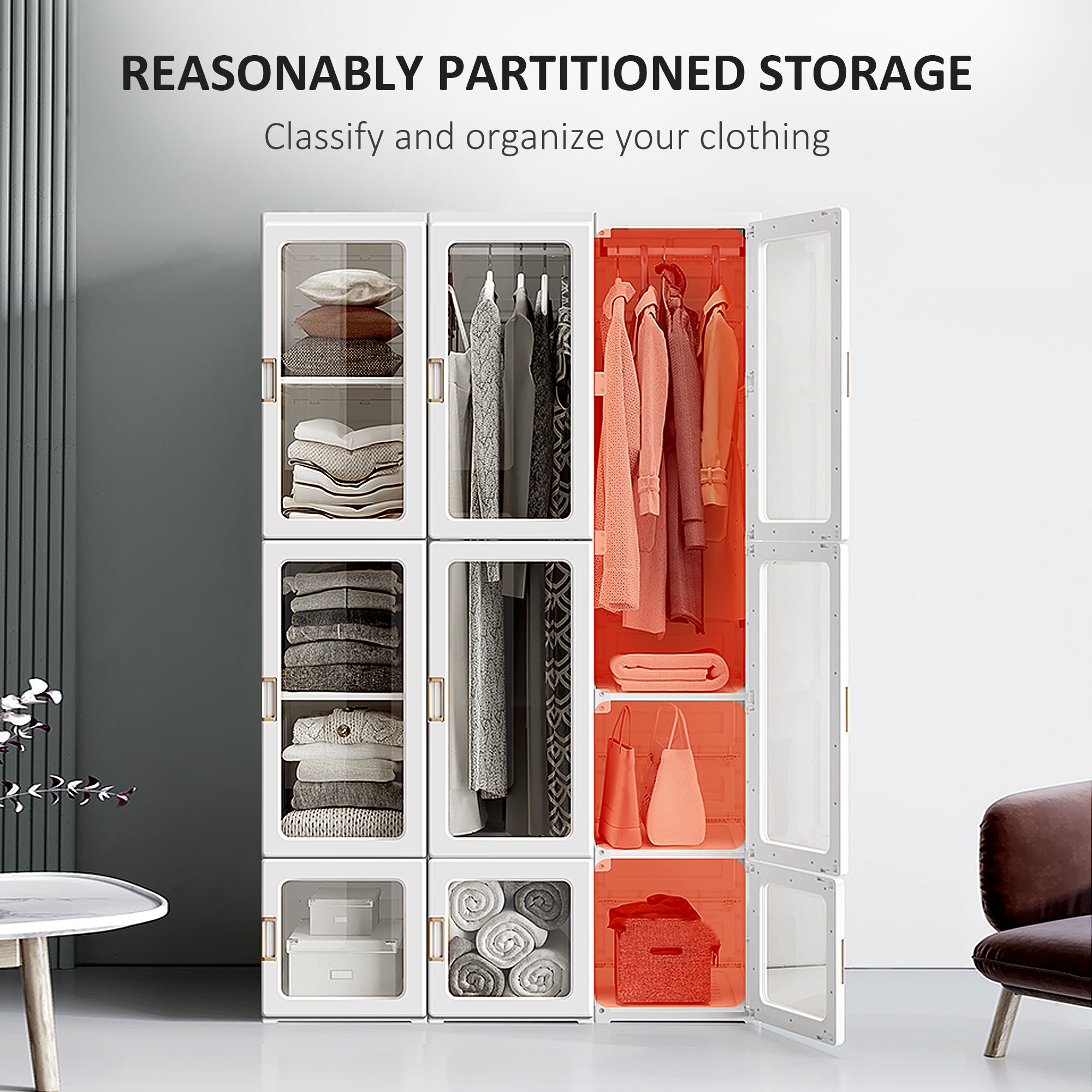 Portable Foldable Closet - 8 Cubes & 2 Hanging Rods, White 41"W-DECOROLALA