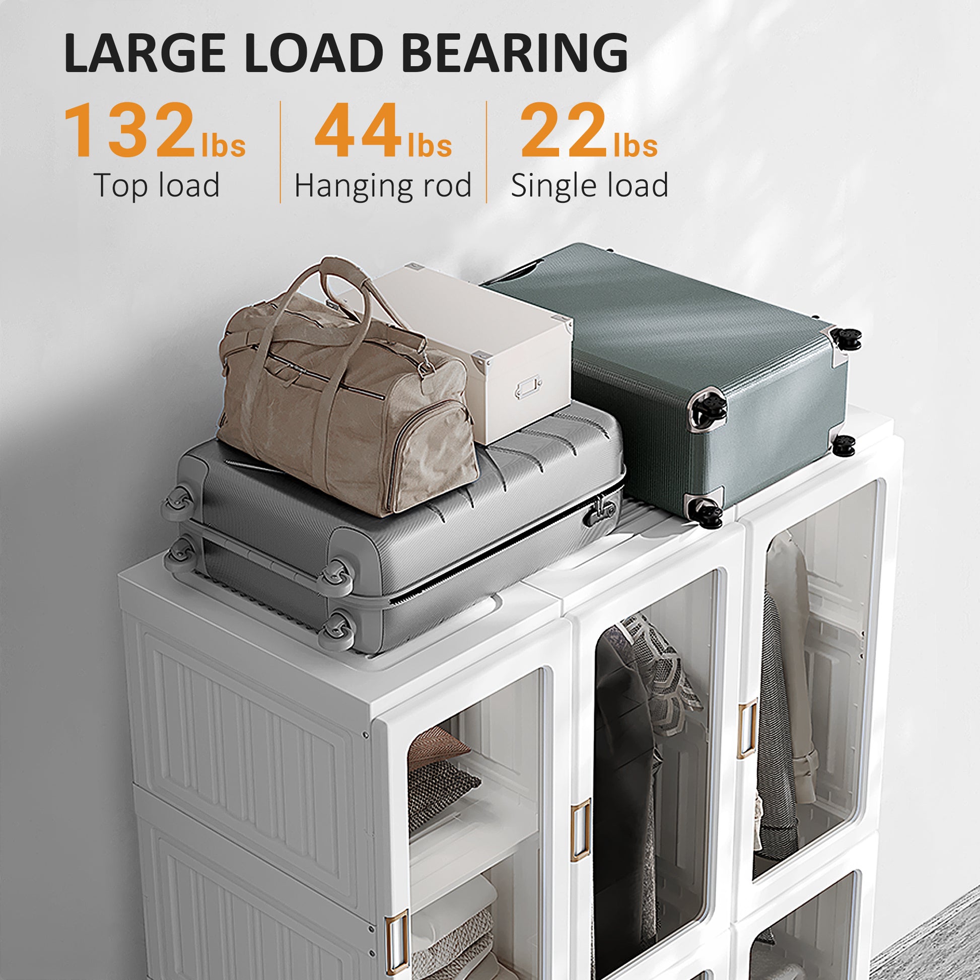Portable Foldable Closet - 8 Cubes & 2 Hanging Rods, White 41"W-DECOROLALA