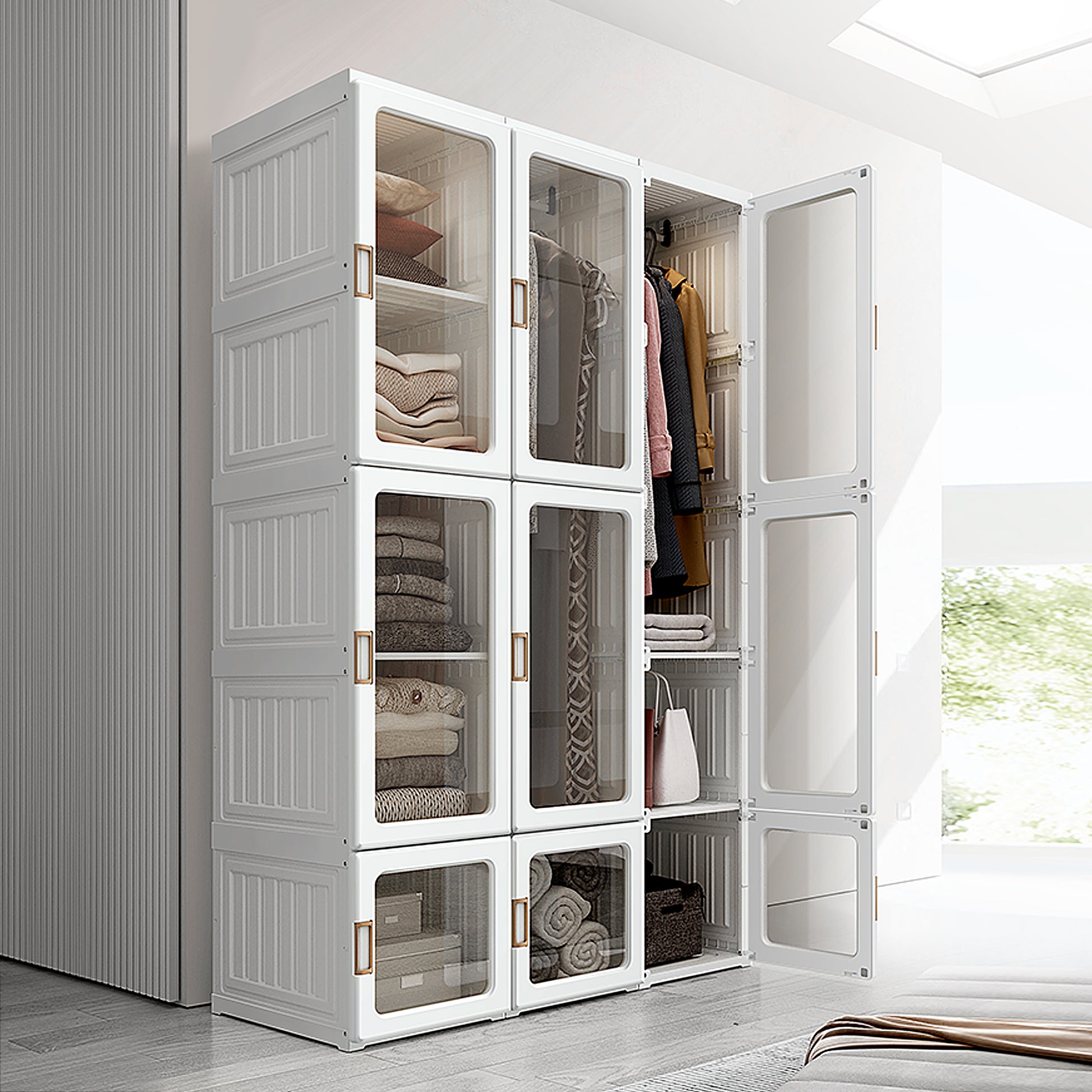 Portable Foldable Closet - 8 Cubes & 2 Hanging Rods, White 41"W-DECOROLALA