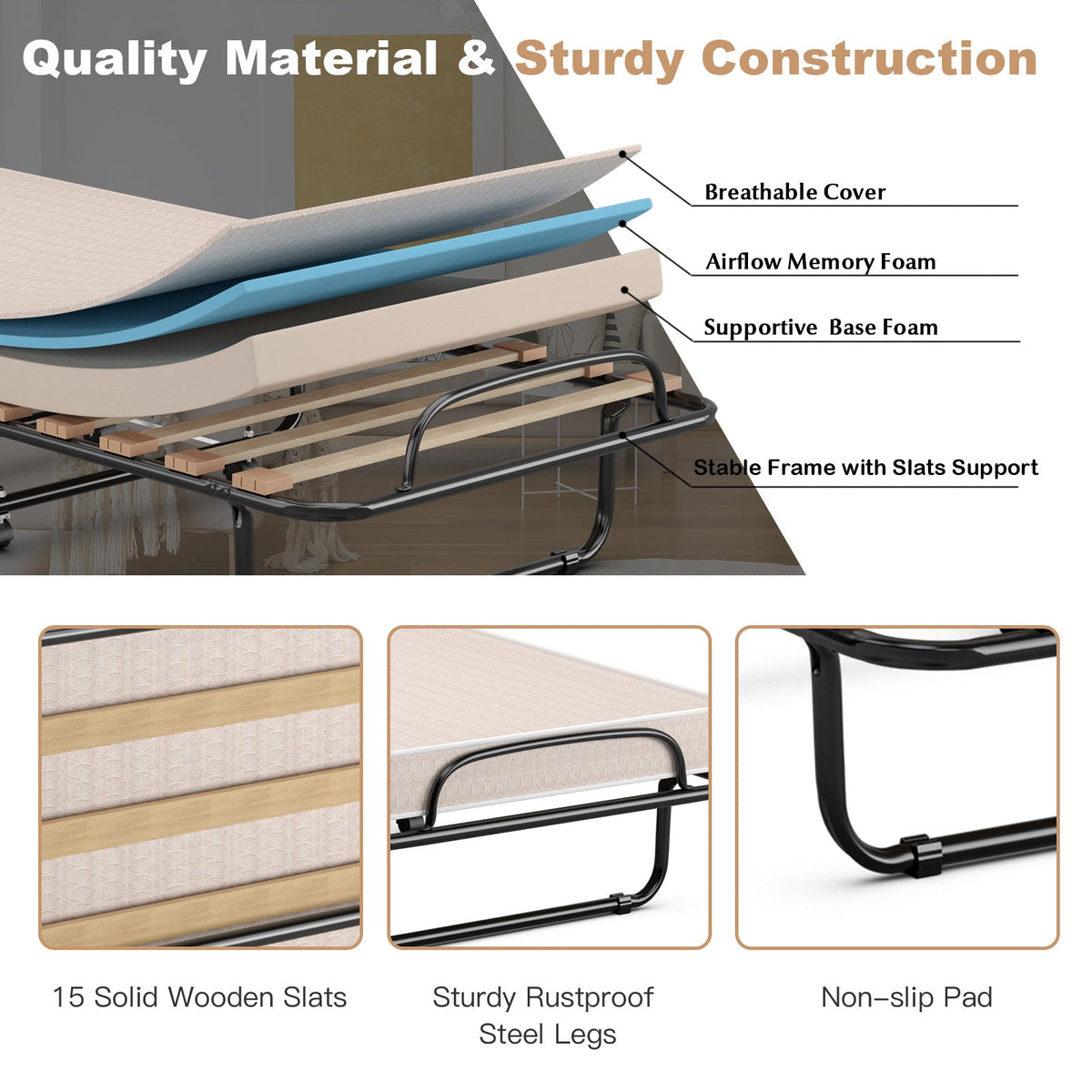 Portable Folding Bed with Memory Foam Mattress and Sturdy Metal Frame Made in Italy-Folding Beds-DECOROLALA