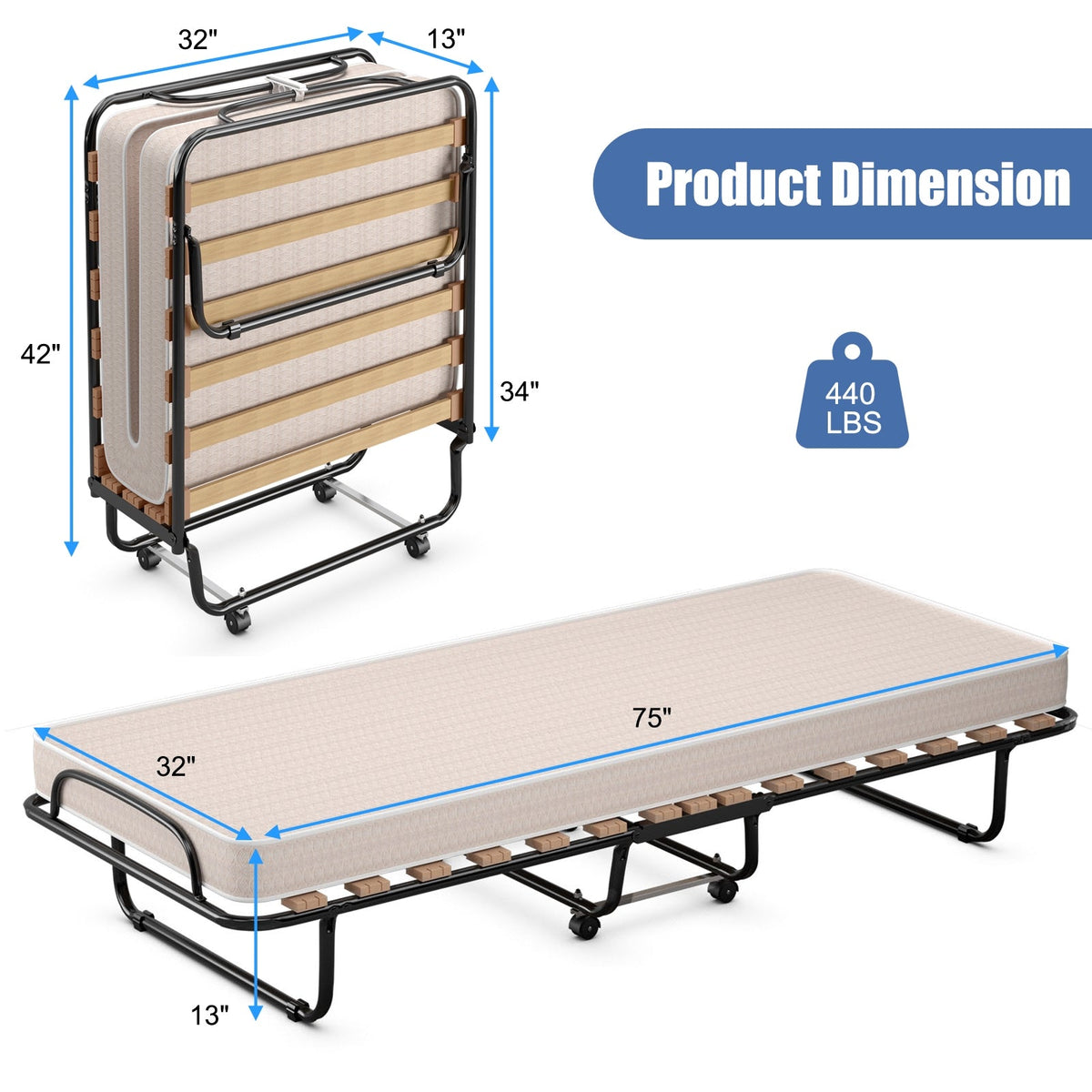 Portable Folding Bed with Memory Foam Mattress and Sturdy Metal Frame Made in Italy-Folding Beds-DECOROLALA
