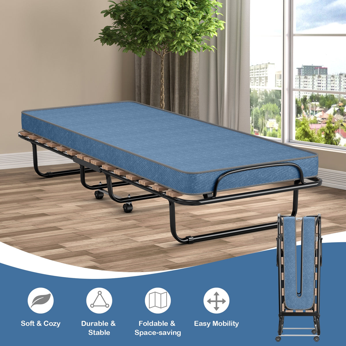 Portable Folding Bed with Memory Foam Mattress and Sturdy Metal Frame Made in Italy-Navy-Folding Beds-DECOROLALA