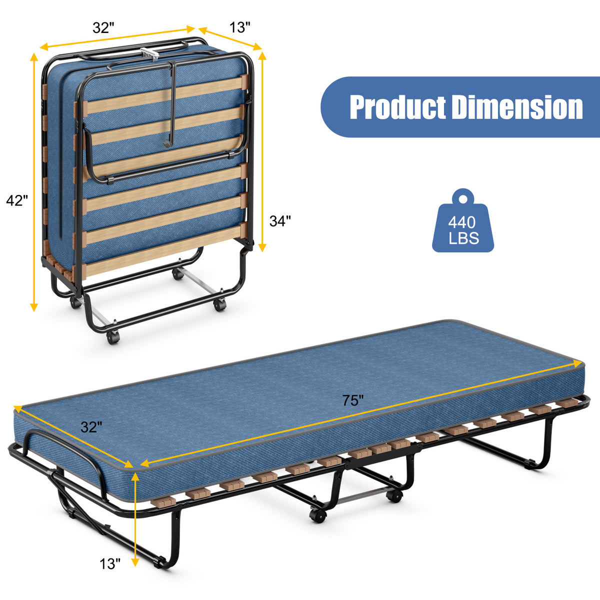 Portable Folding Bed with Memory Foam Mattress and Sturdy Metal Frame Made in Italy-Navy-Folding Beds-DECOROLALA