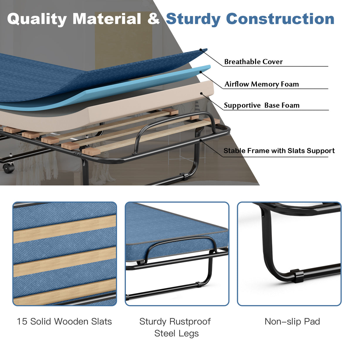Portable Folding Bed with Memory Foam Mattress and Sturdy Metal Frame Made in Italy-Navy-Folding Beds-DECOROLALA