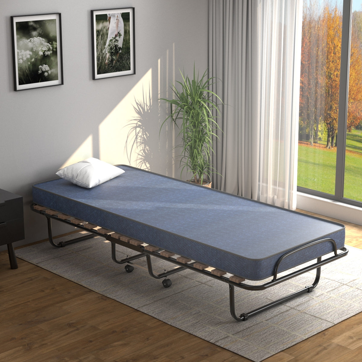 Portable Folding Bed with Memory Foam Mattress and Sturdy Metal Frame Made in Italy-Navy-Folding Beds-DECOROLALA