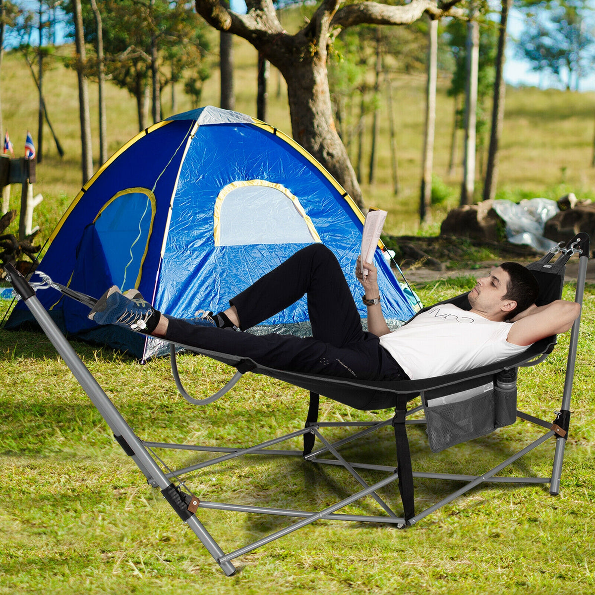 Portable Folding Hammock with Hammock Stand-Black-Hammocks-DECOROLALA