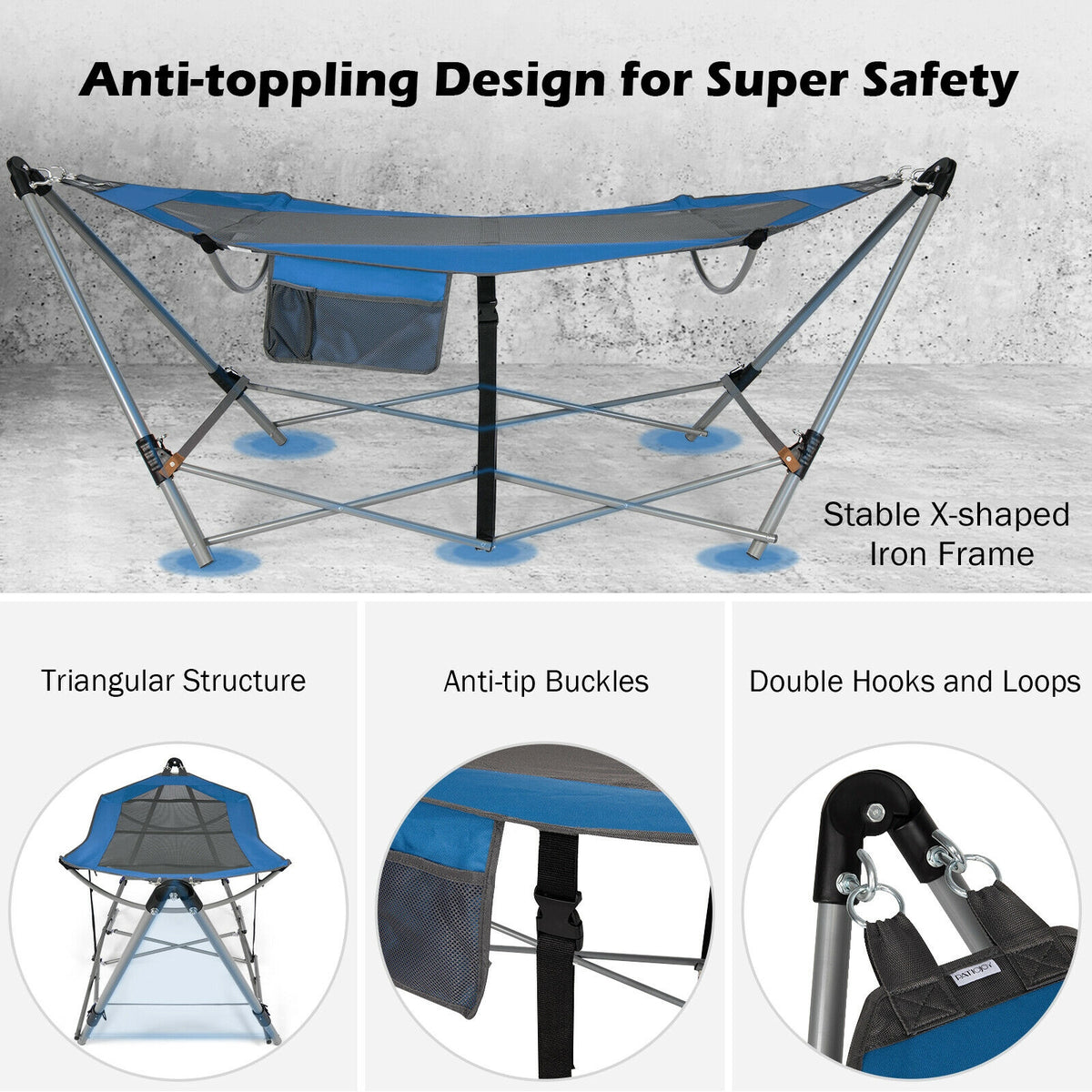 Portable Folding Hammock with Hammock Stand-Blue-Hammocks-DECOROLALA