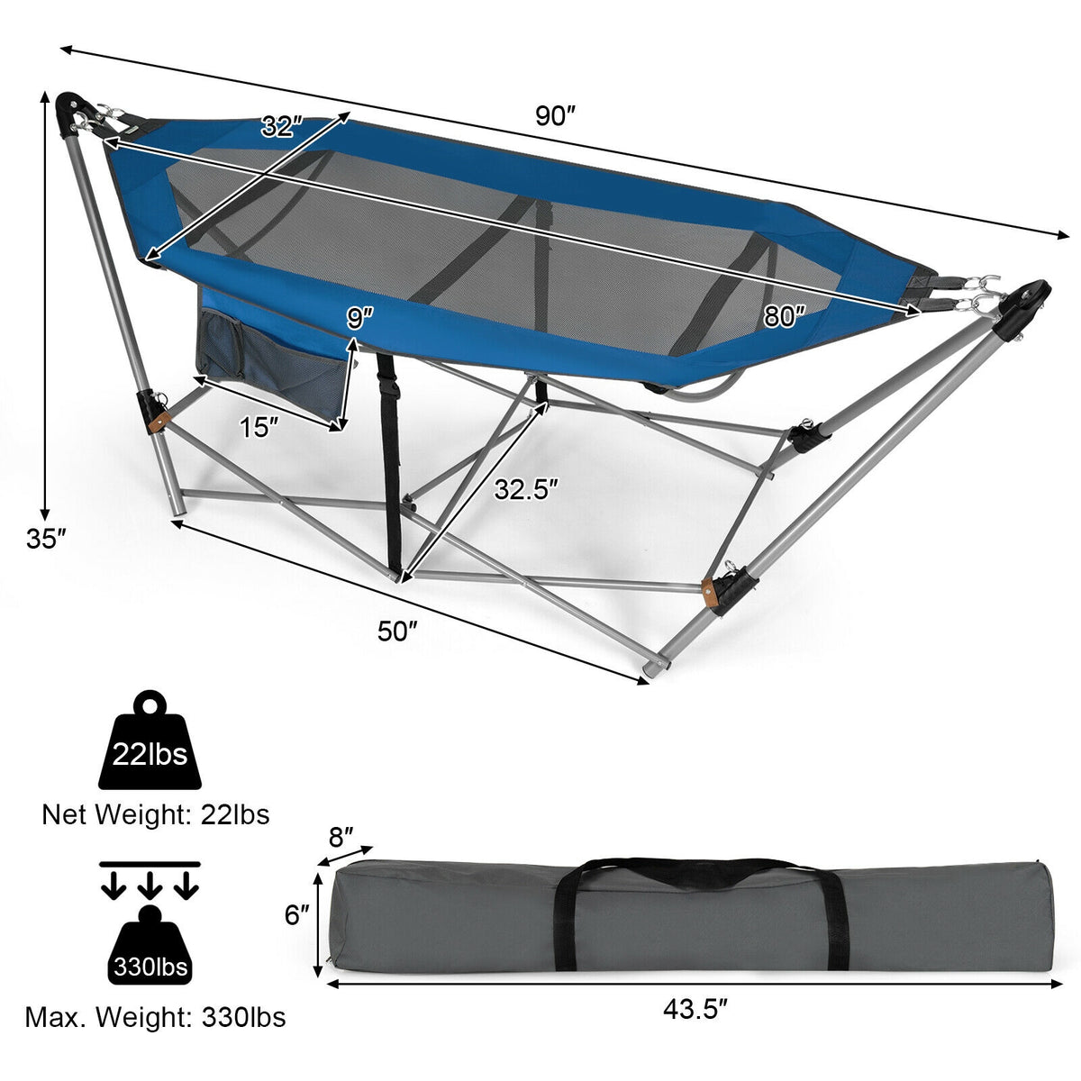 Portable Folding Hammock with Hammock Stand-Blue-Hammocks-DECOROLALA