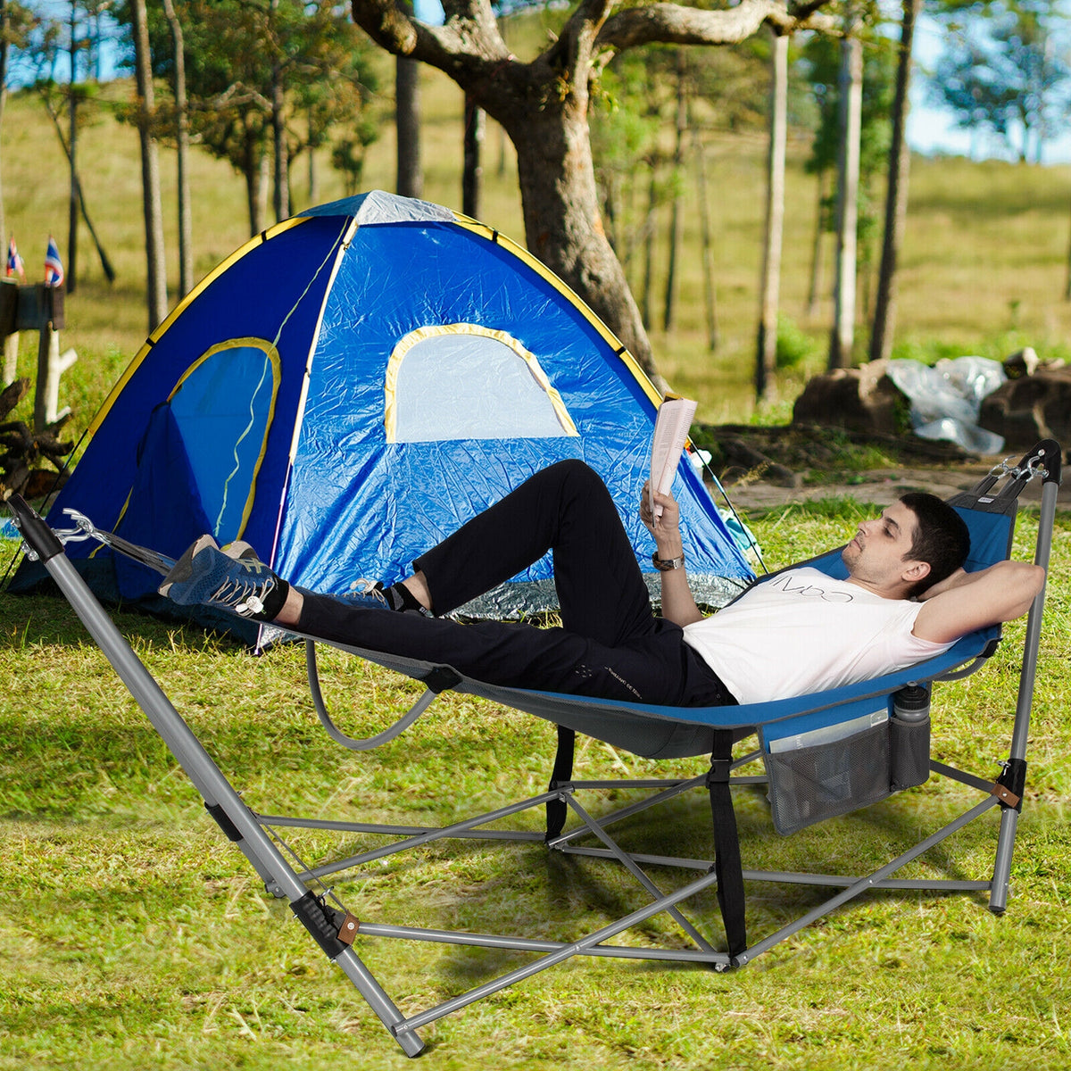 Portable Folding Hammock with Hammock Stand-Blue-Hammocks-DECOROLALA