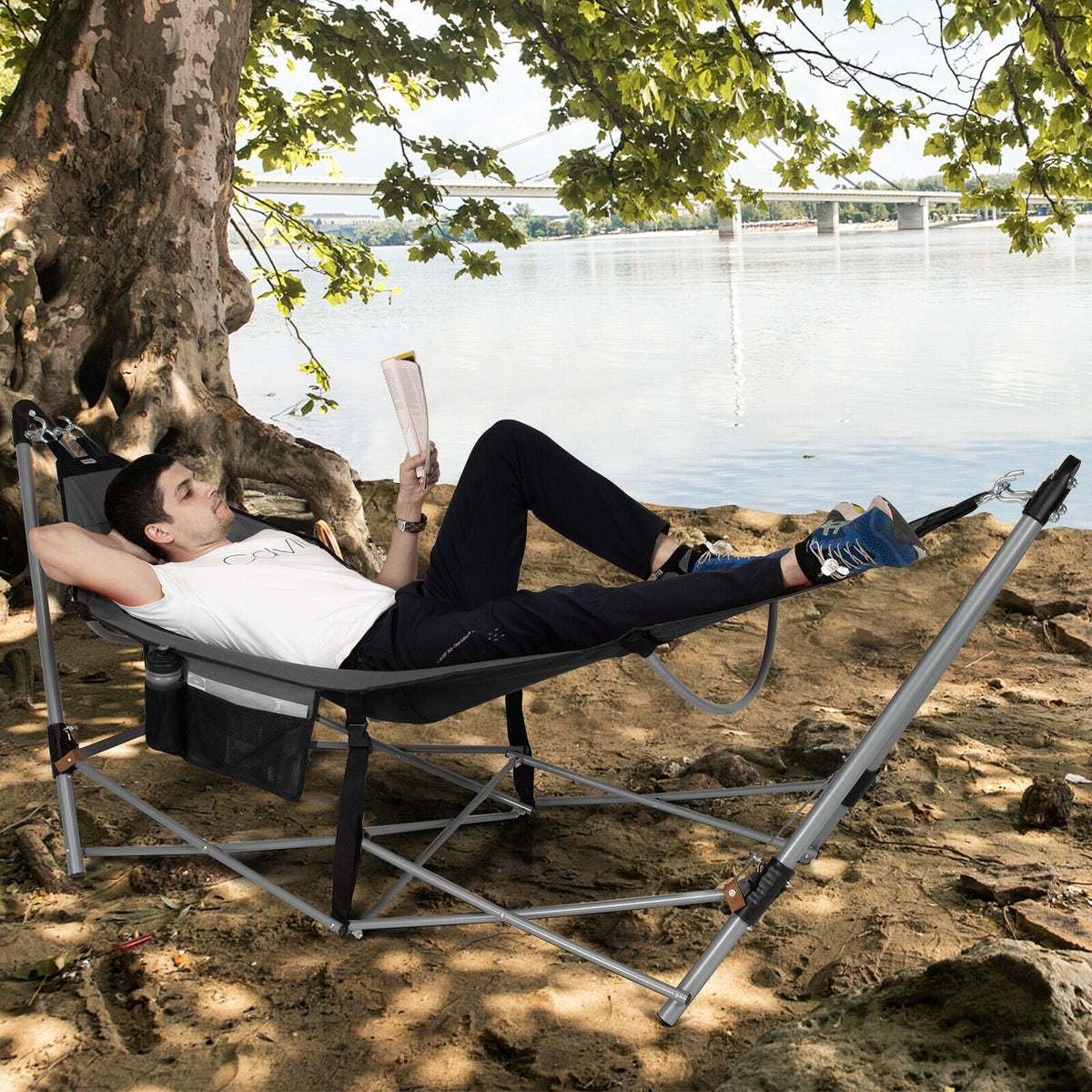 Portable Folding Hammock with Hammock Stand-Gray-Hammocks-DECOROLALA