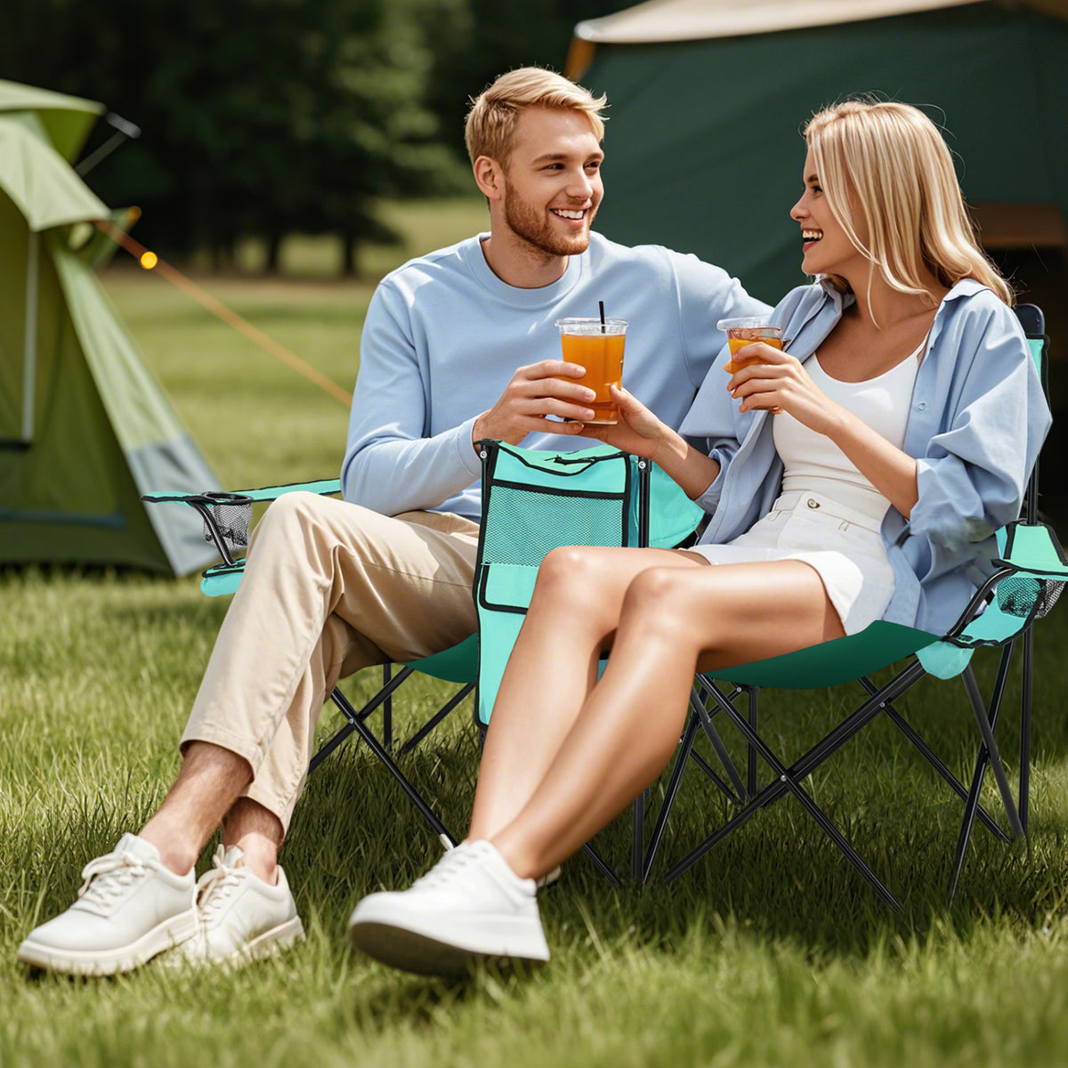 Portable Folding Picnic Double Chair With Removable Umbrella-Mint Green-Camping Furniture-DECOROLALA