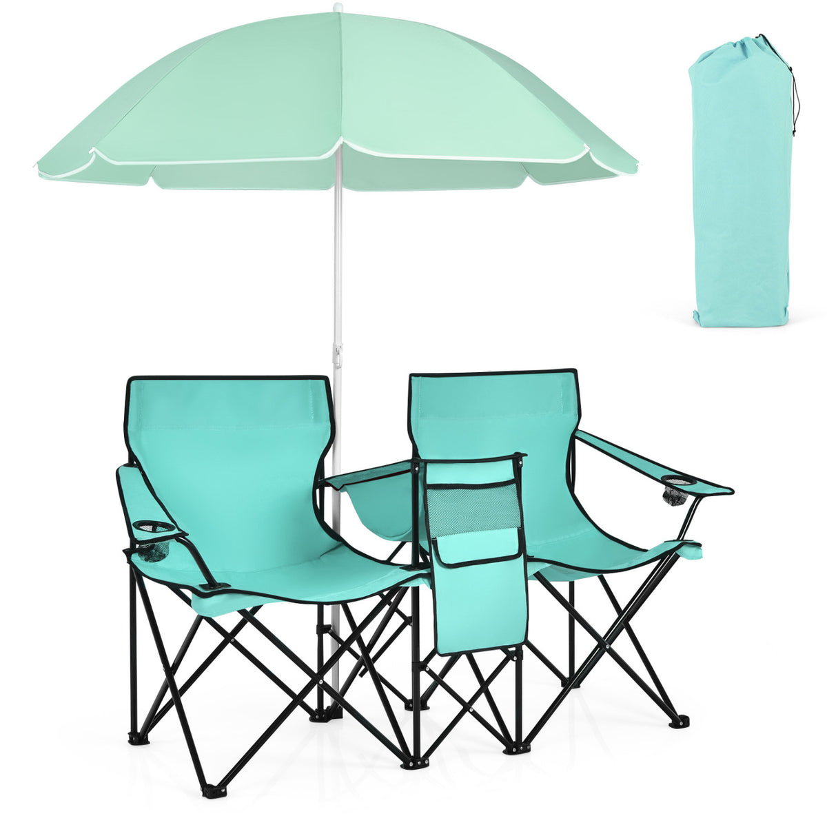 Portable Folding Picnic Double Chair With Removable Umbrella-Mint Green-Camping Furniture-DECOROLALA