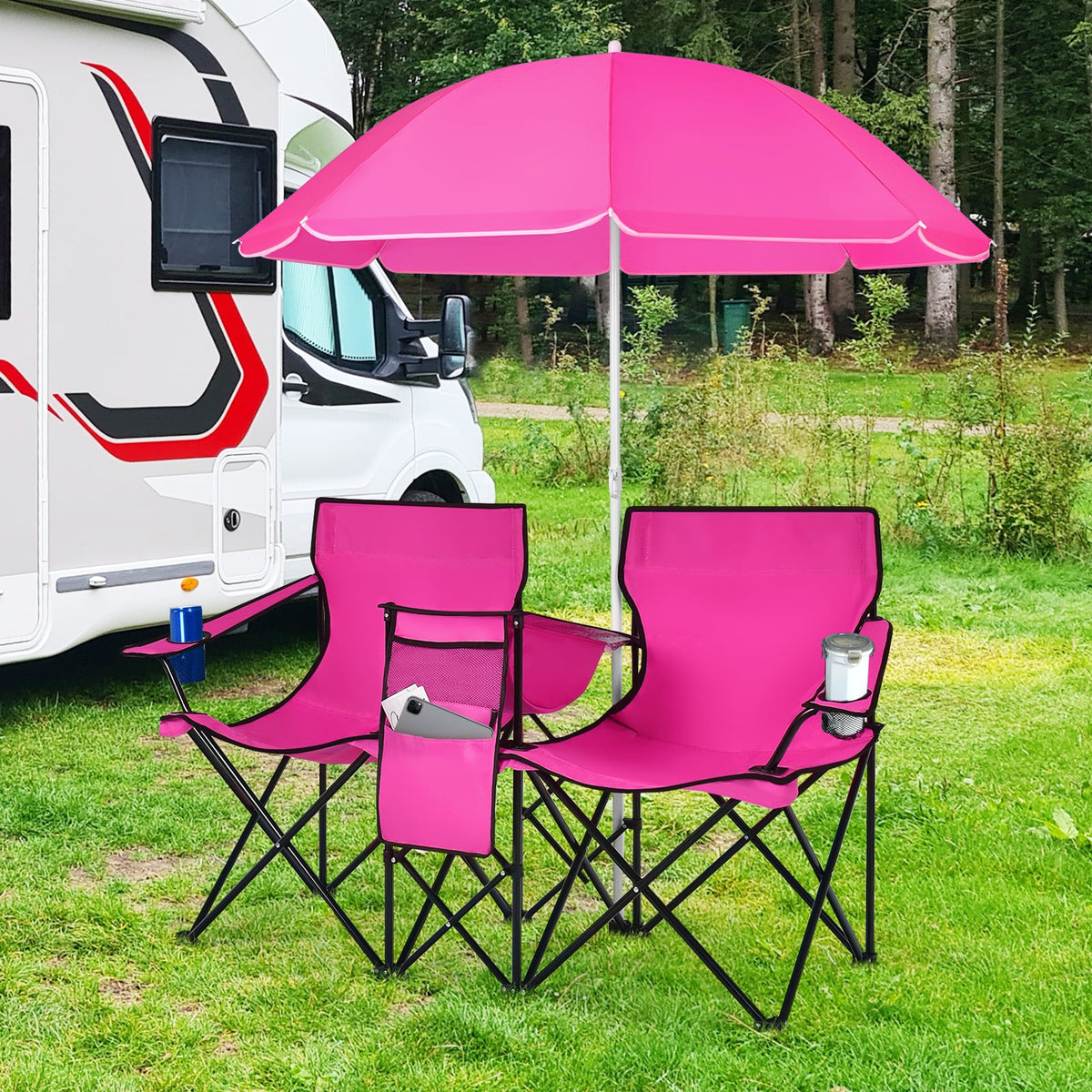 Portable Folding Picnic Double Chair With Removable Umbrella-Pink-Camping Furniture-DECOROLALA