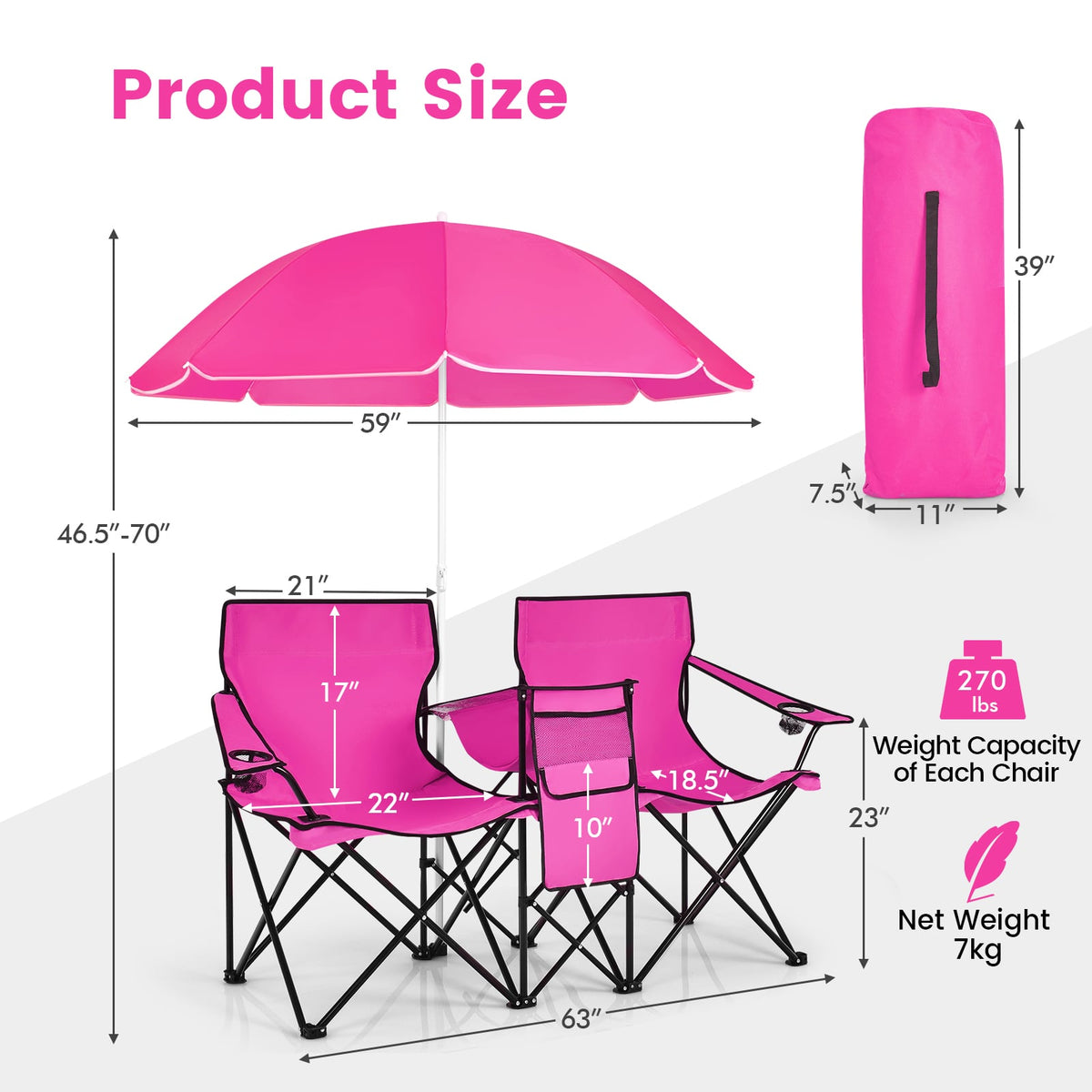Portable Folding Picnic Double Chair With Removable Umbrella-Pink-Camping Furniture-DECOROLALA