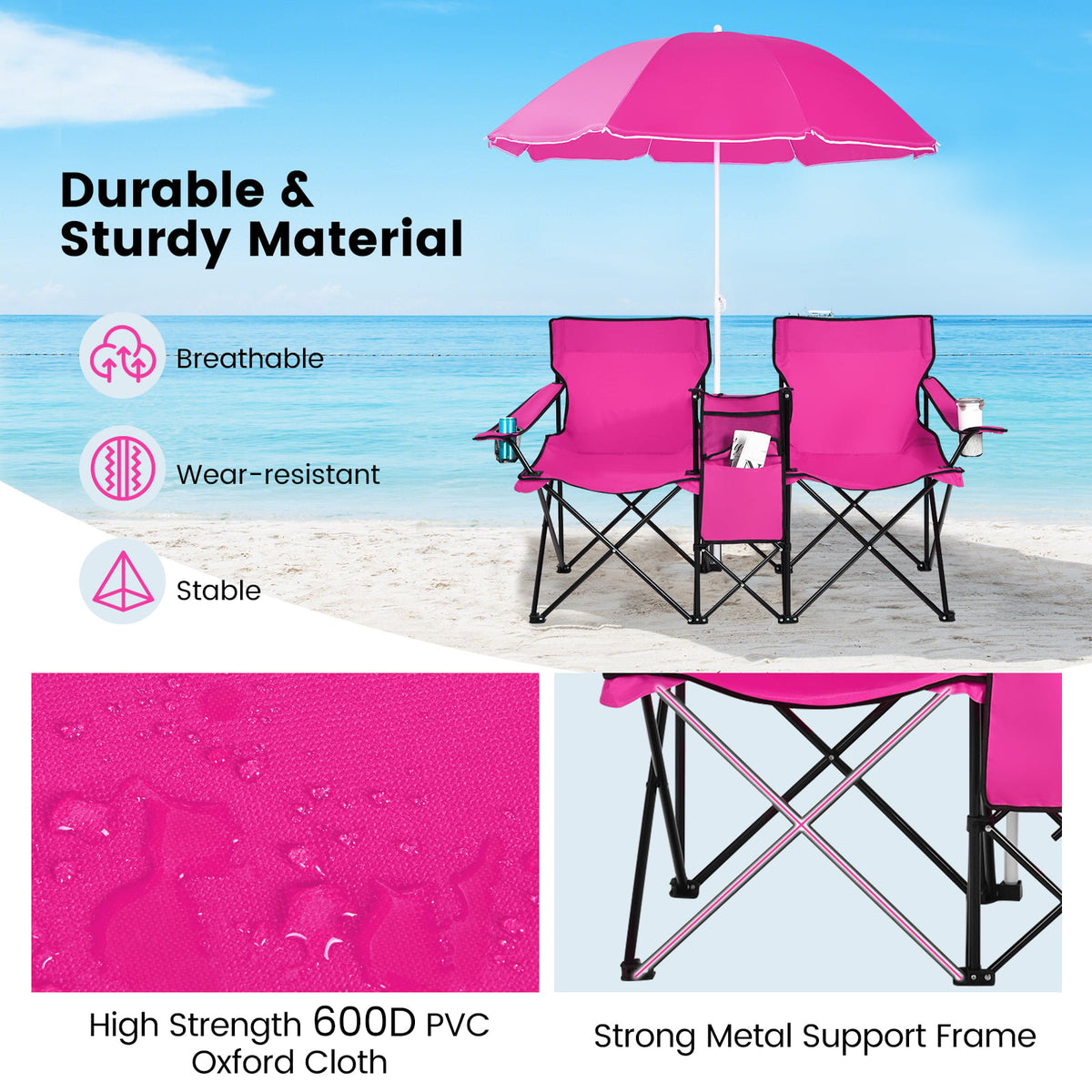 Portable Folding Picnic Double Chair With Removable Umbrella-Pink-Camping Furniture-DECOROLALA