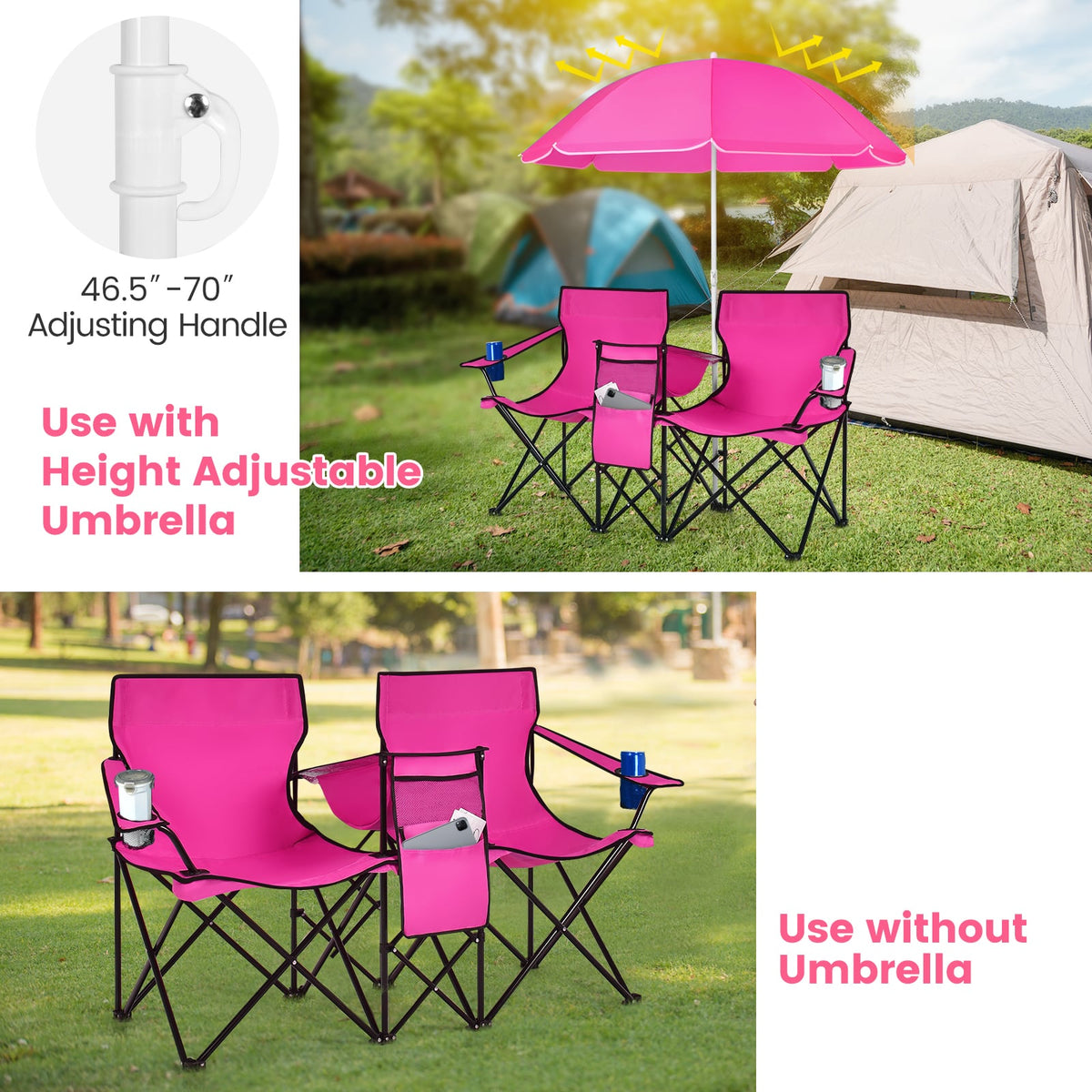 Portable Folding Picnic Double Chair With Removable Umbrella-Pink-Camping Furniture-DECOROLALA